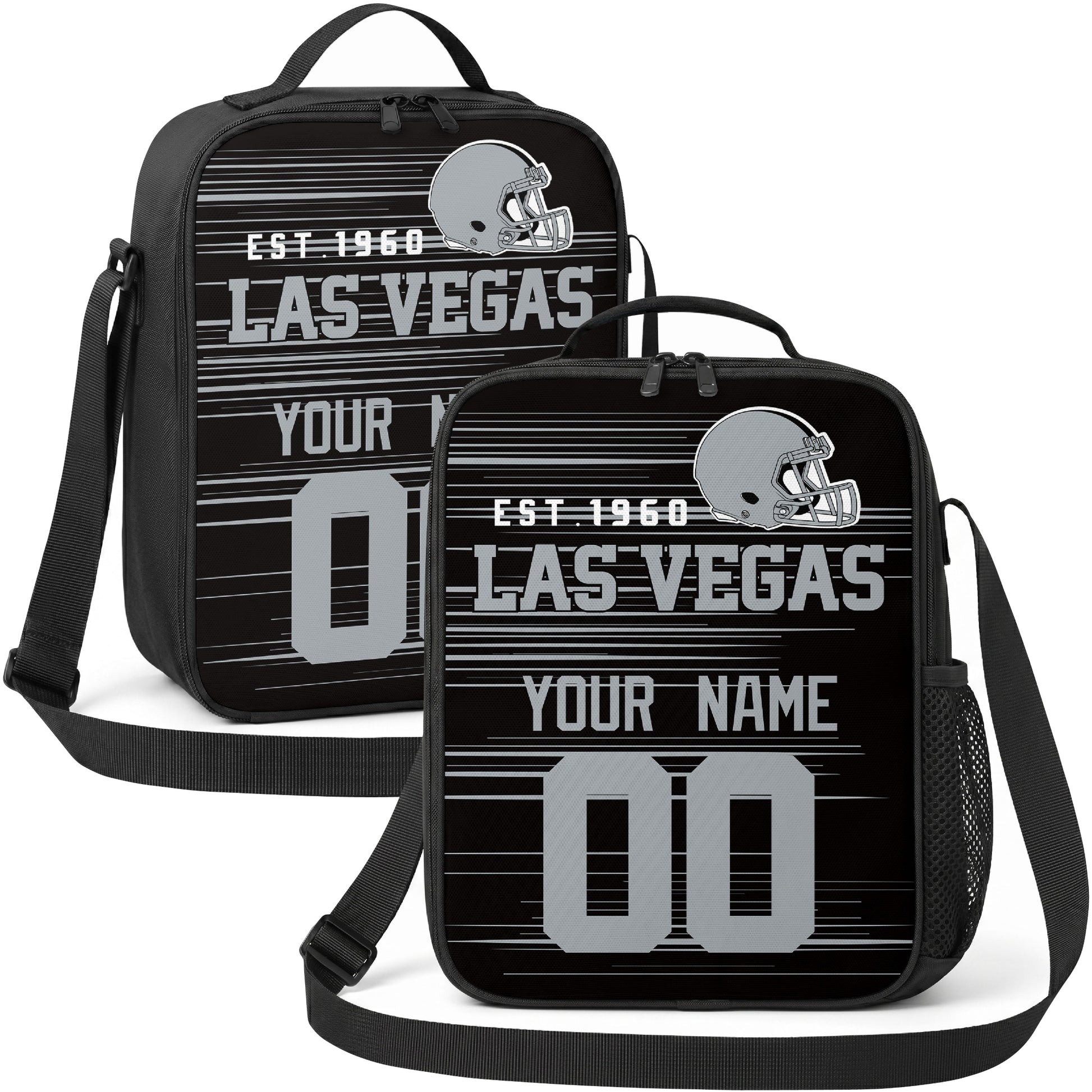 Las Vegas personalized football shoulder bag in black gray and white showing front and angled views with custom name and number