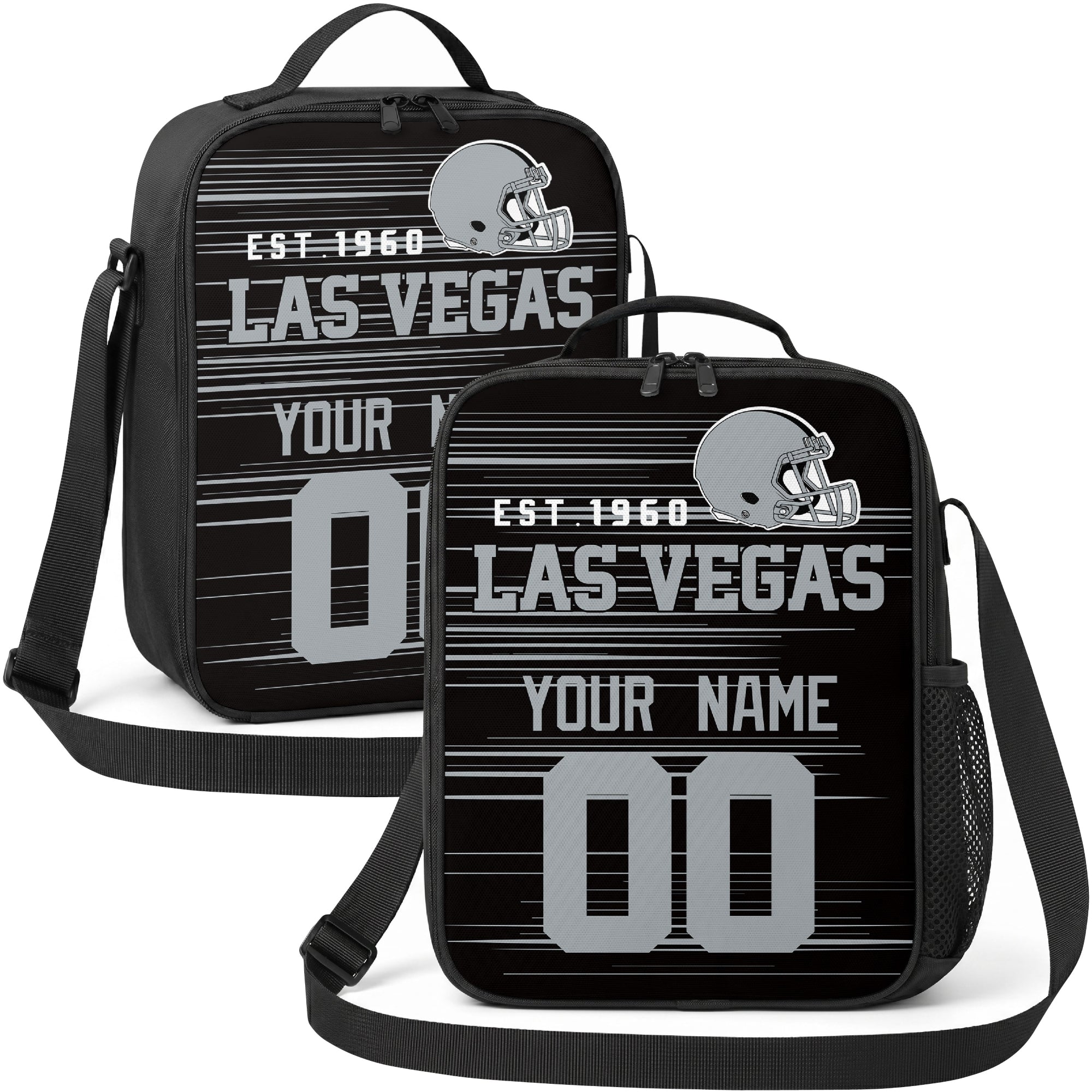 Las Vegas personalized football shoulder bag in black gray and white showing front and angled views with custom name and number