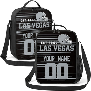 Las Vegas personalized football shoulder bag in black gray and white showing front and angled views with custom name and number