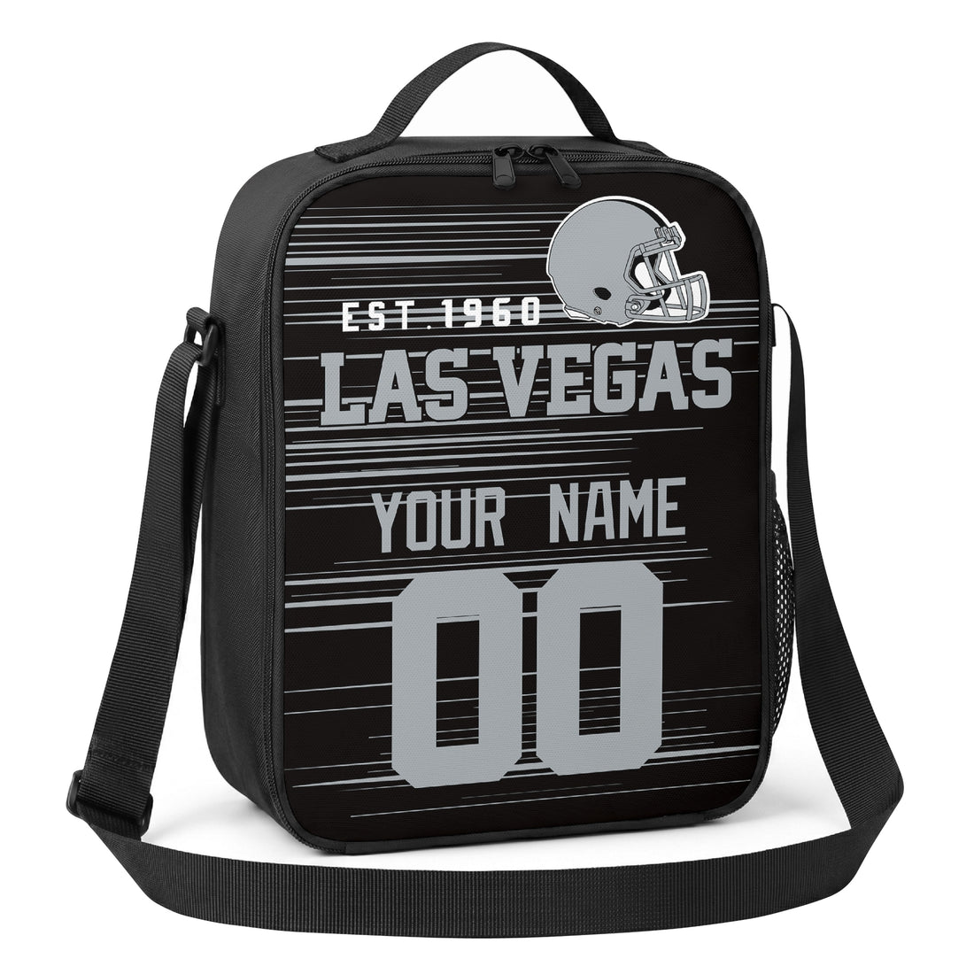 Las Vegas personalized football shoulder bag in black gray and white showing front and angled views with custom name and number