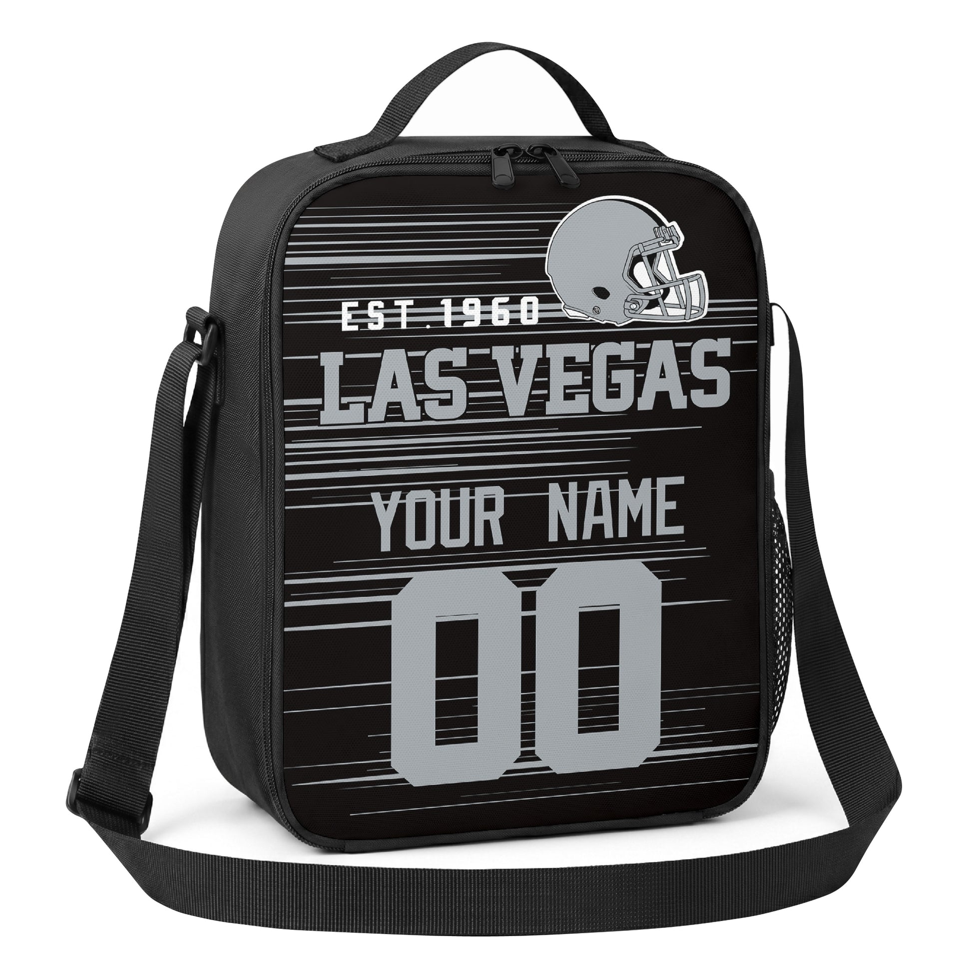 Las Vegas black gray and white personalized football shoulder bag angled view with top handle and shoulder strap
