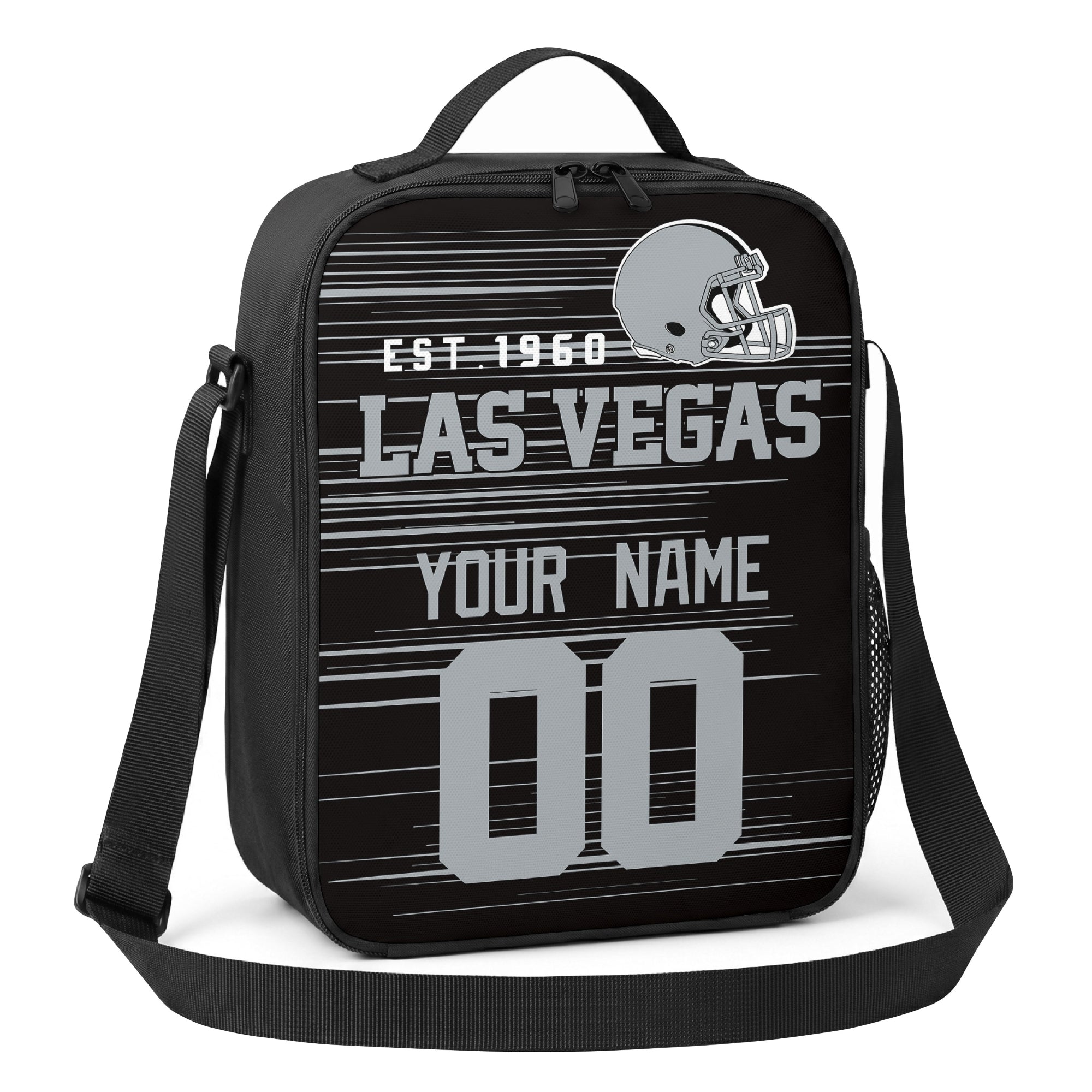 Las Vegas black gray and white personalized football shoulder bag angled view with top handle and shoulder strap