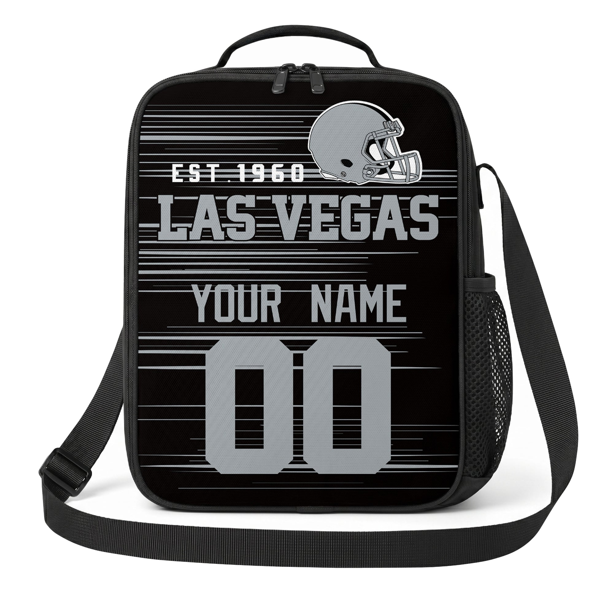Las Vegas black gray and white personalized football shoulder bag alternate angled view with side mesh pocket and custom name number design