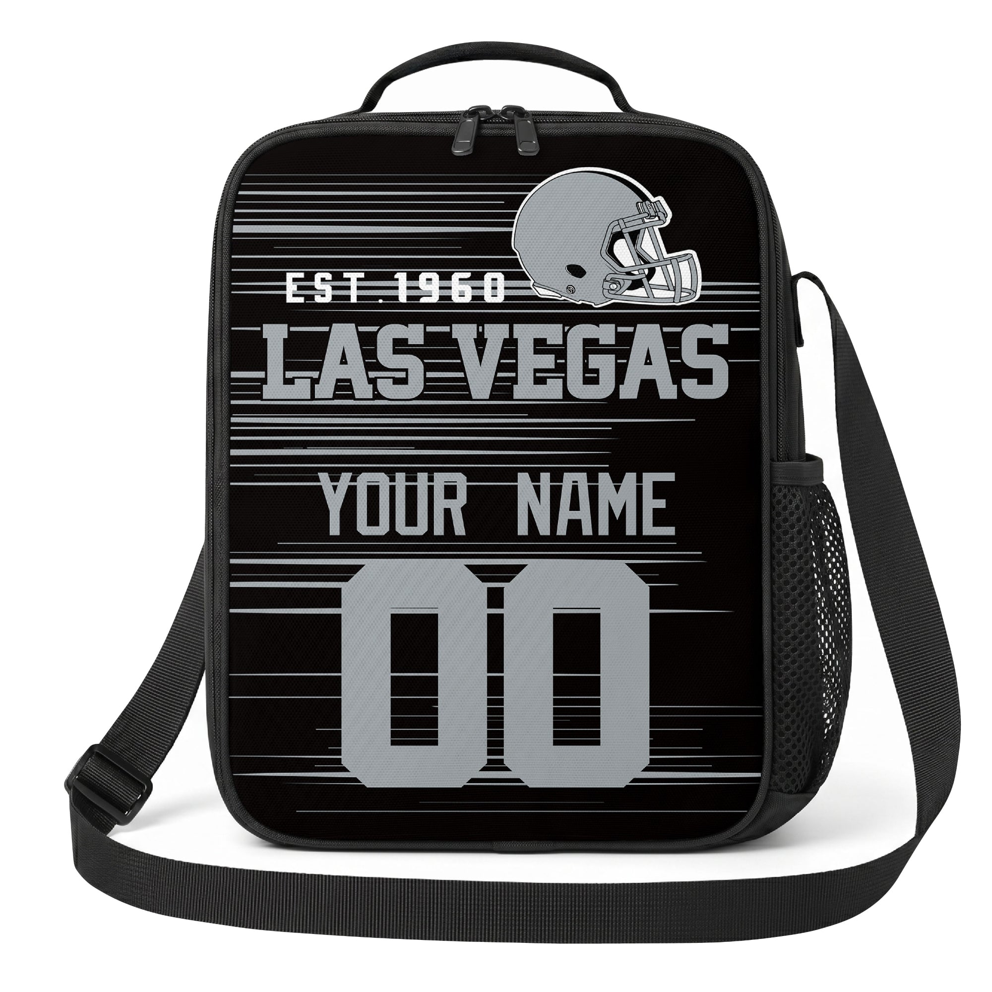 Las Vegas black gray and white personalized football shoulder bag alternate angled view with side mesh pocket and custom name number design