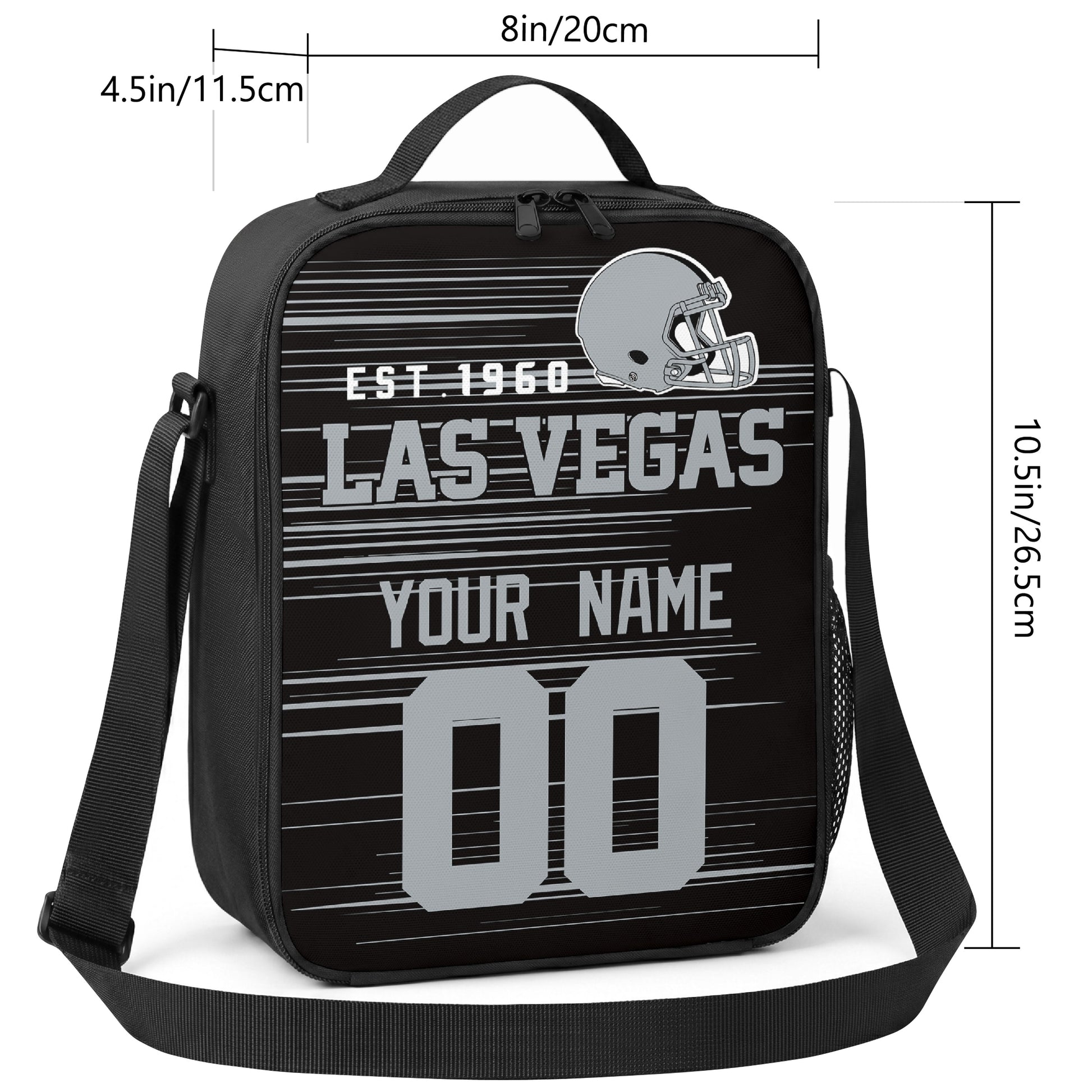 Las Vegas personalized football shoulder bag size guide showing 8 inch width 4.5 inch depth and 10.5 inch height