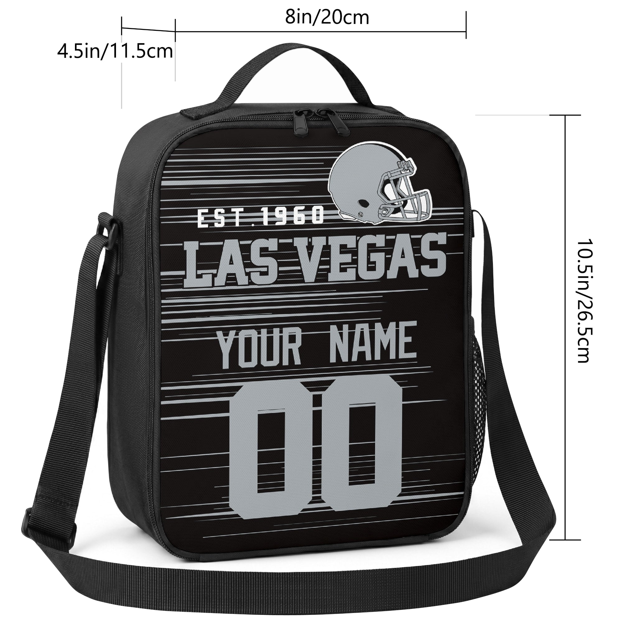 Las Vegas personalized football shoulder bag size guide showing 8 inch width 4.5 inch depth and 10.5 inch height