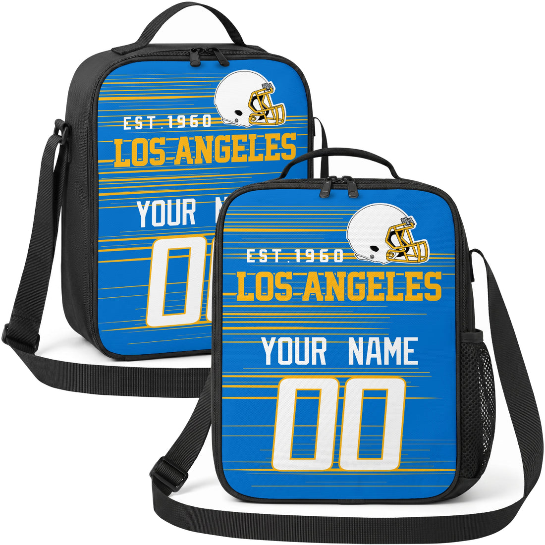 Los Angeles personalized football shoulder bag in blue gold and white showing front and angled views with custom name and number