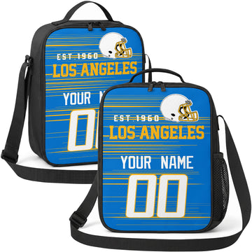Los Angeles personalized football shoulder bag in blue gold and white showing front and angled views with custom name and number