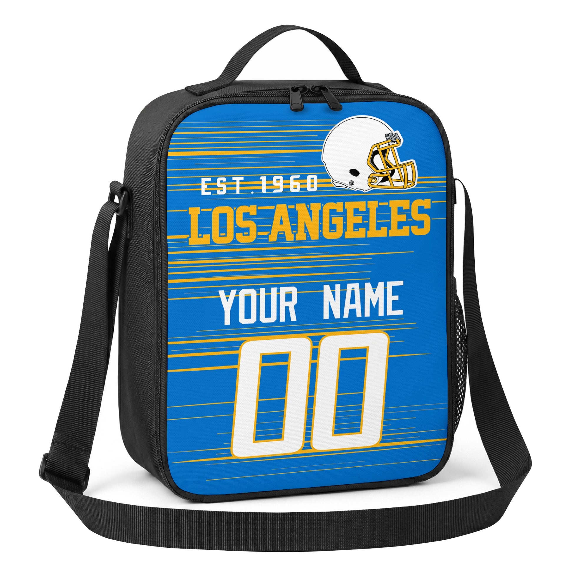 Los Angeles blue gold and white personalized football shoulder bag angled view with top handle and shoulder strap