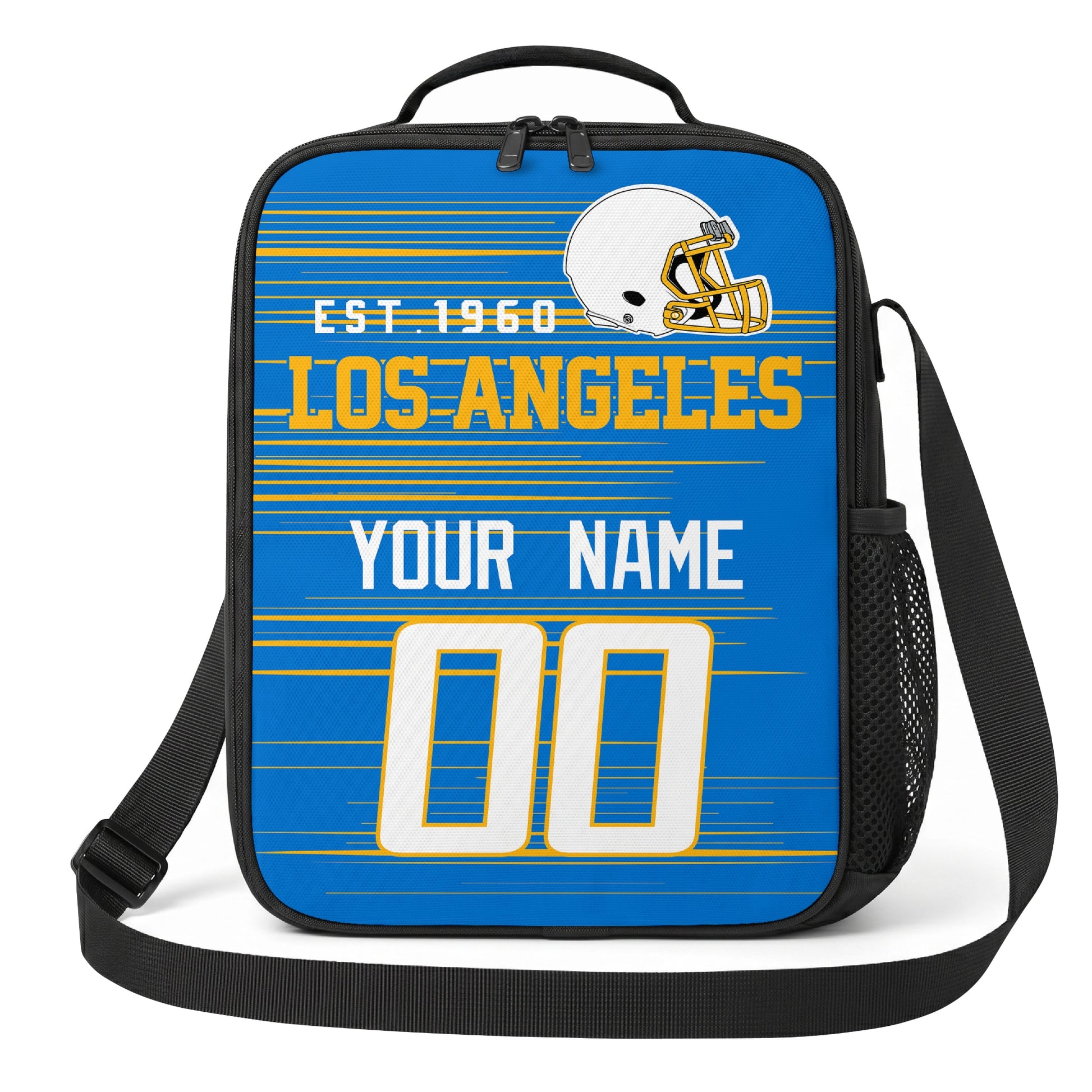 Los Angeles blue gold and white personalized football shoulder bag alternate angled view with side mesh pocket and custom name number design