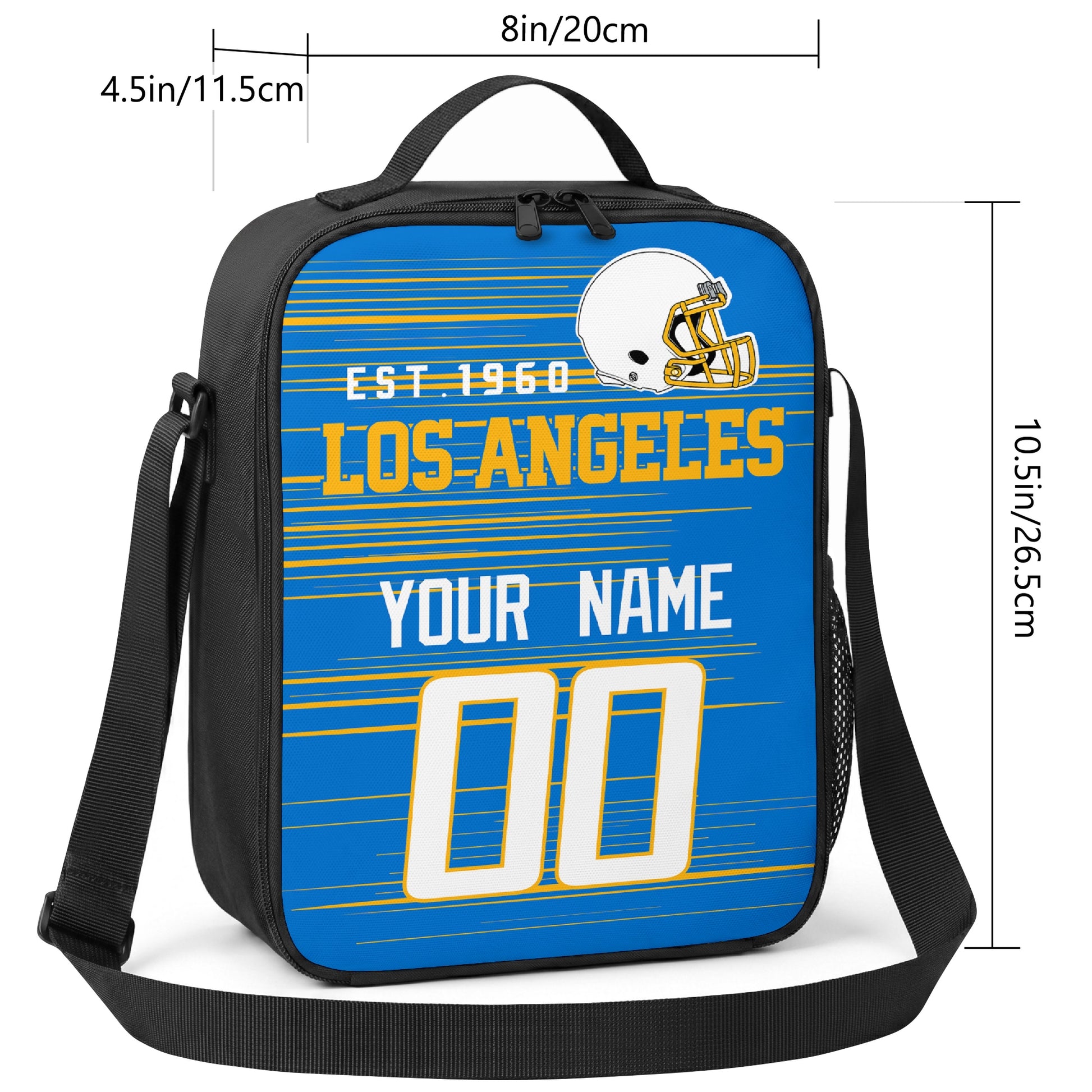 Los Angeles personalized football shoulder bag size guide showing 8 inch width 4.5 inch depth and 10.5 inch height