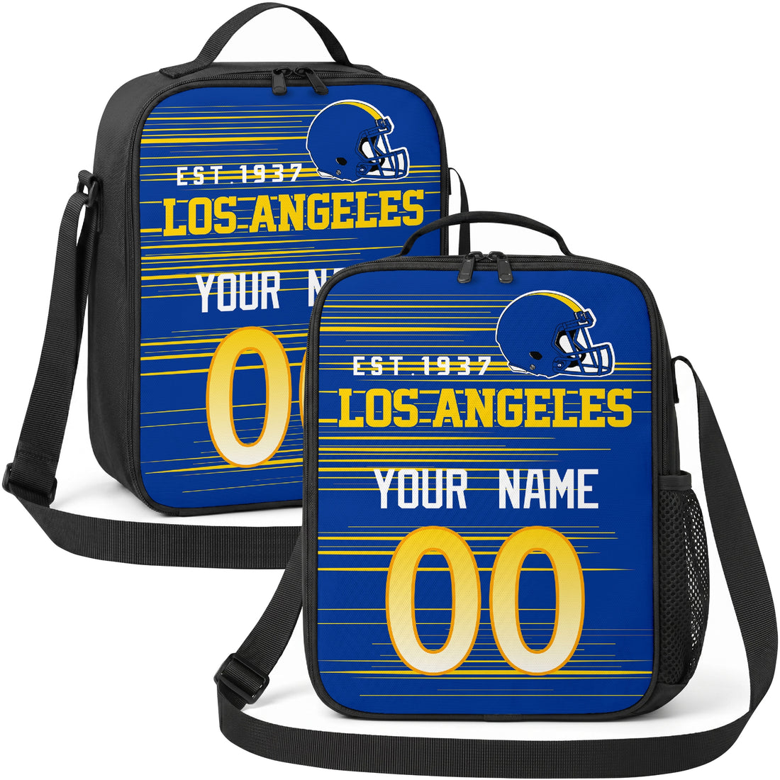 Los Angeles personalized football shoulder bag in deep blue gold and white showing front and angled views with custom name and number