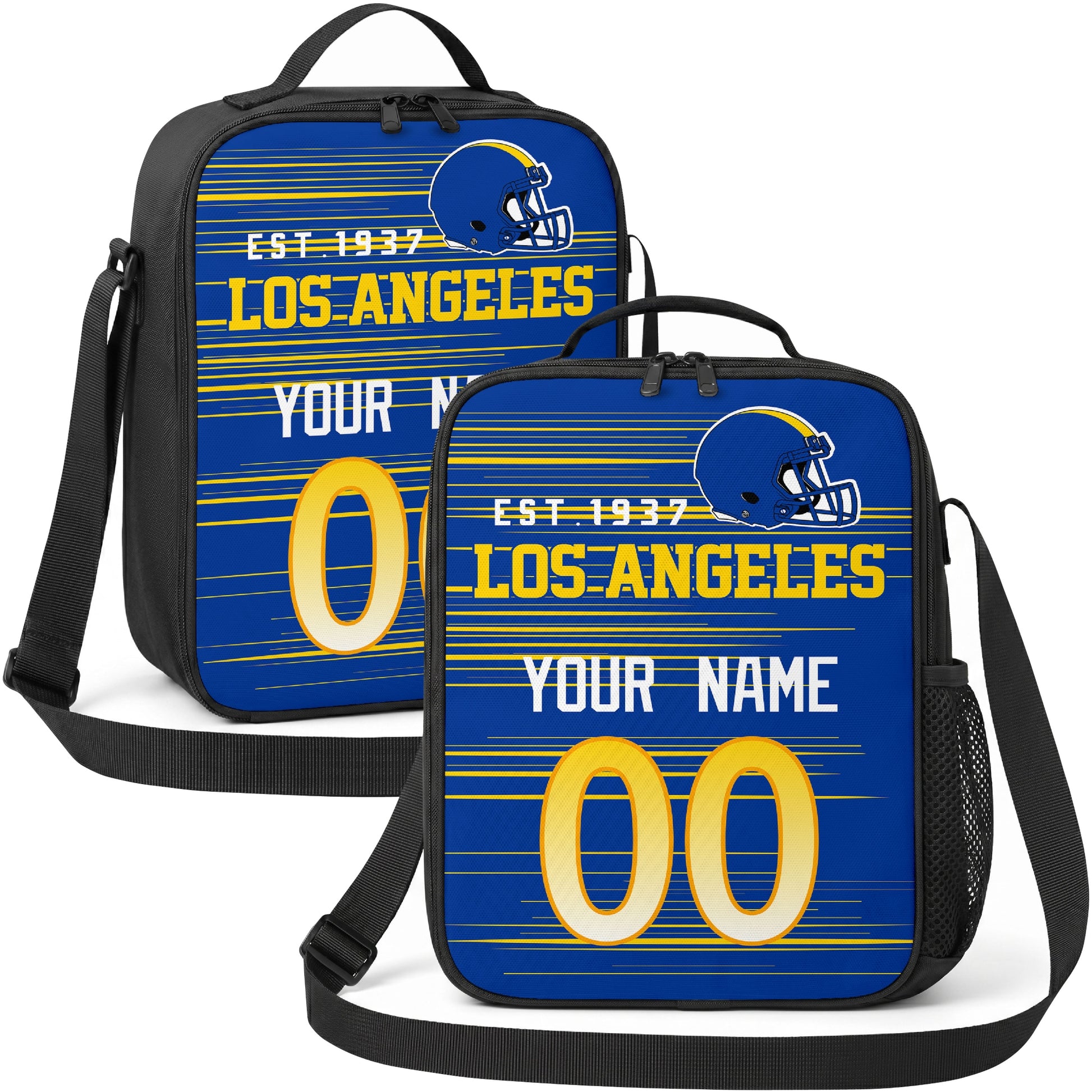 Los Angeles personalized football shoulder bag in deep blue gold and white showing front and angled views with custom name and number