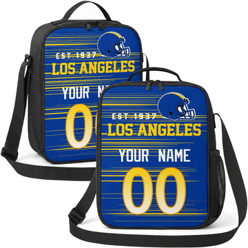 Los Angeles personalized football shoulder bag in deep blue gold and white showing front and angled views with custom name and number