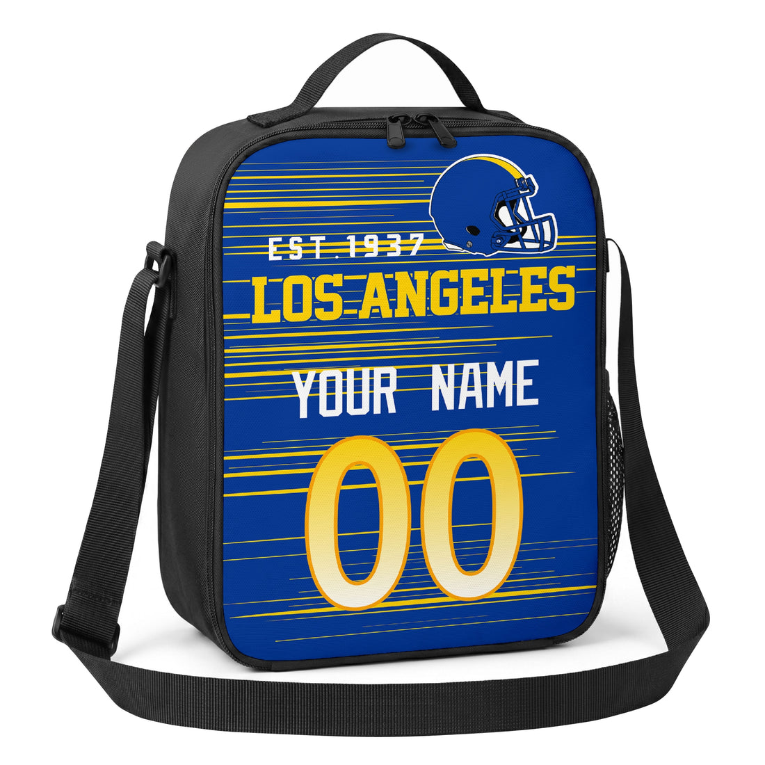Los Angeles personalized football shoulder bag in deep blue gold and white showing front and angled views with custom name and number