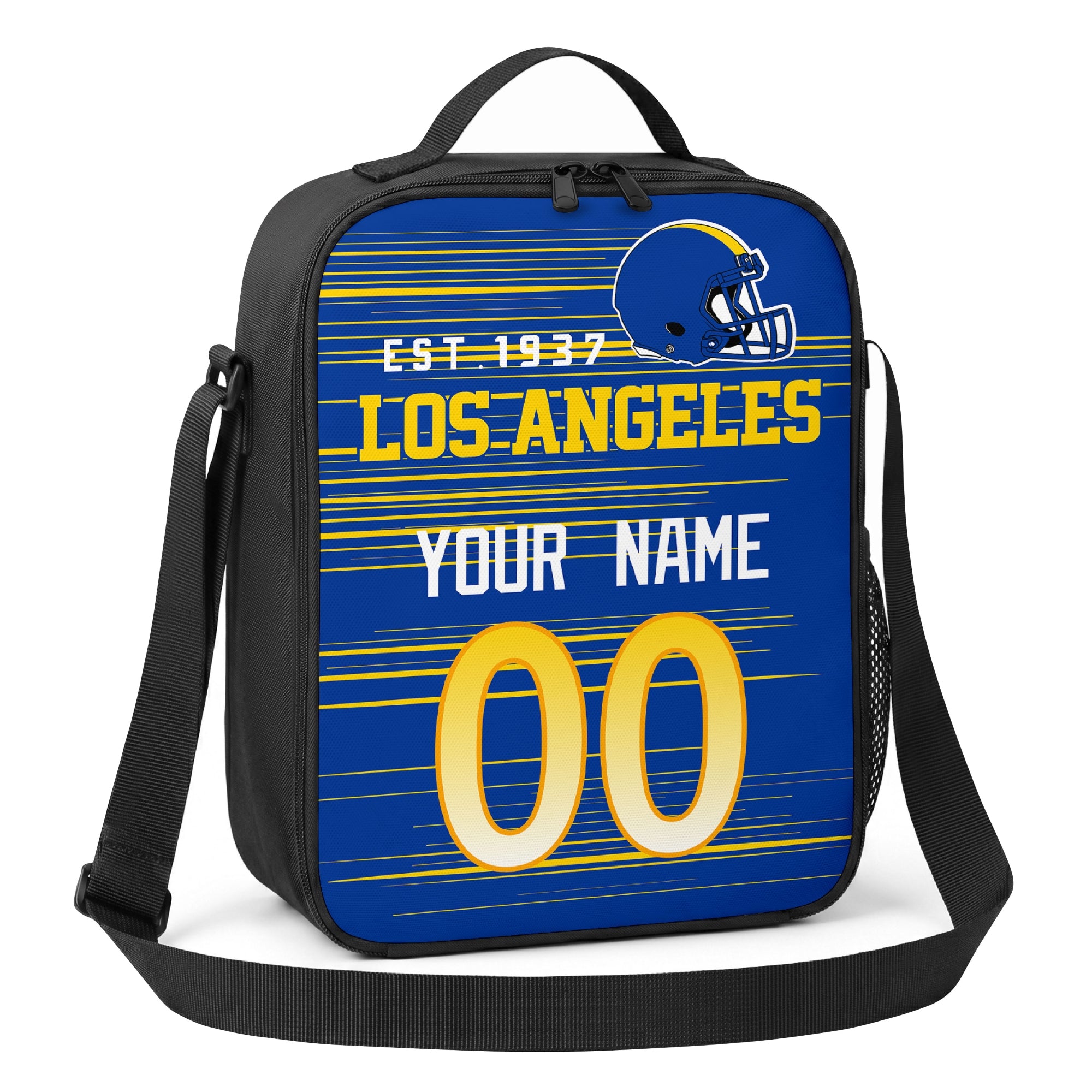 Los Angeles deep blue gold and white personalized football shoulder bag angled view with top handle and shoulder strap