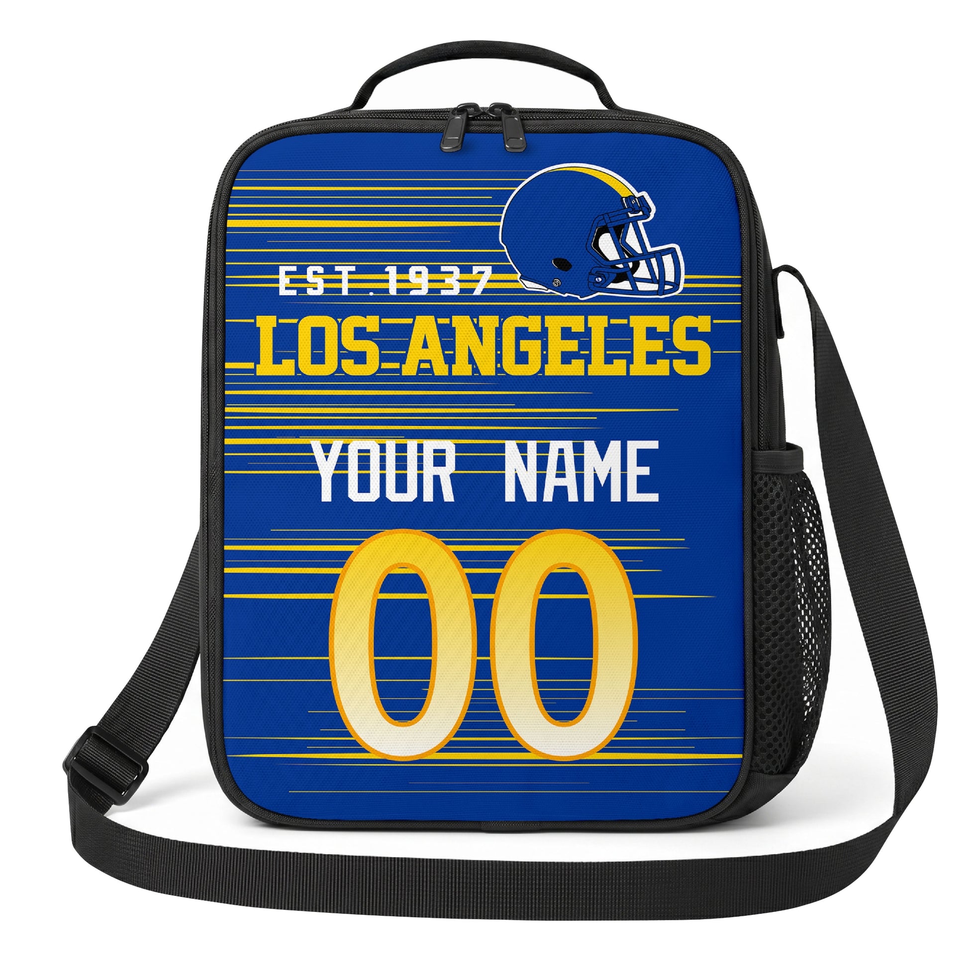 Los Angeles deep blue gold and white personalized football shoulder bag alternate angled view with side mesh pocket and custom name number design