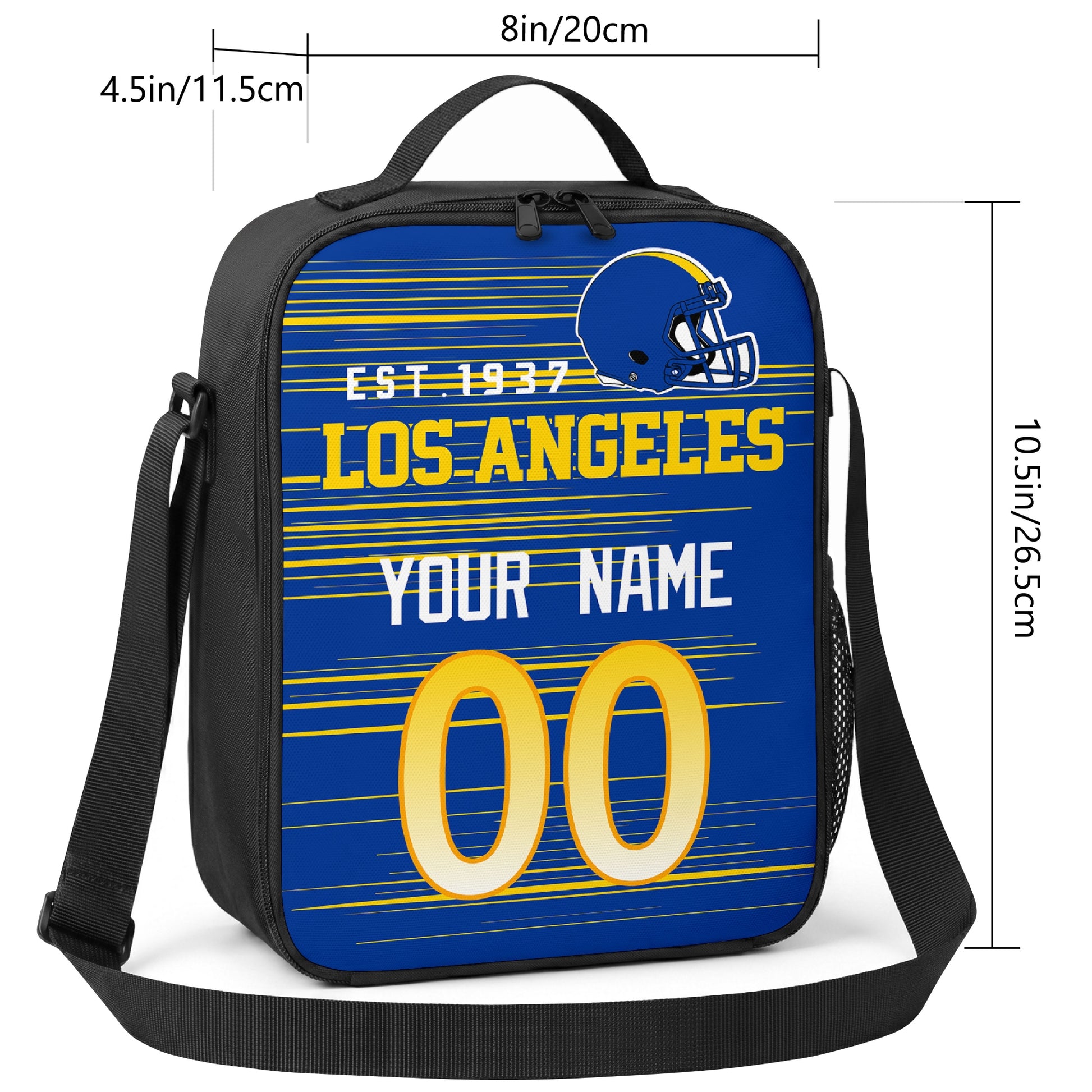 Los Angeles personalized football shoulder bag size guide showing 8 inch width 4.5 inch depth and 10.5 inch height