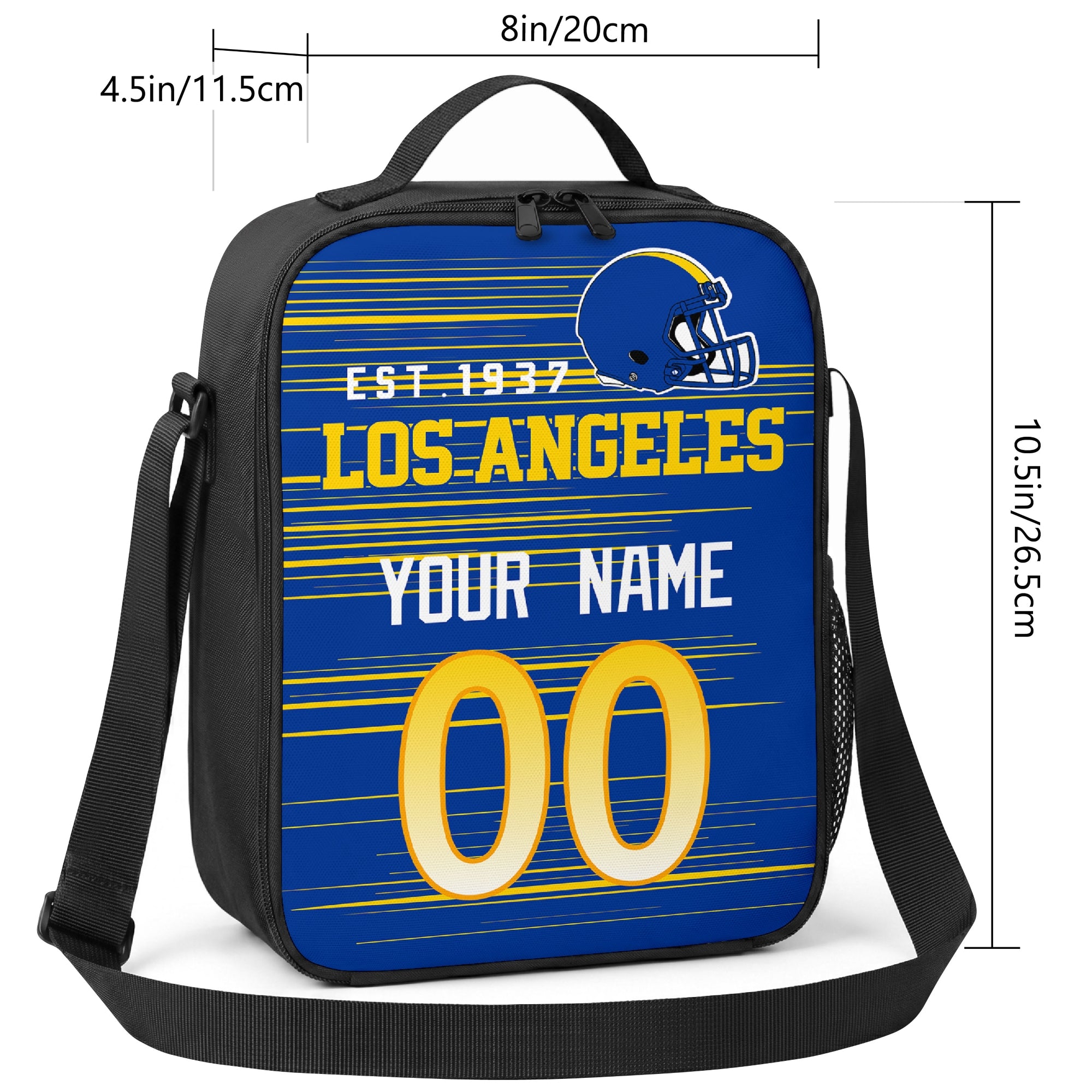 Los Angeles personalized football shoulder bag size guide showing 8 inch width 4.5 inch depth and 10.5 inch height