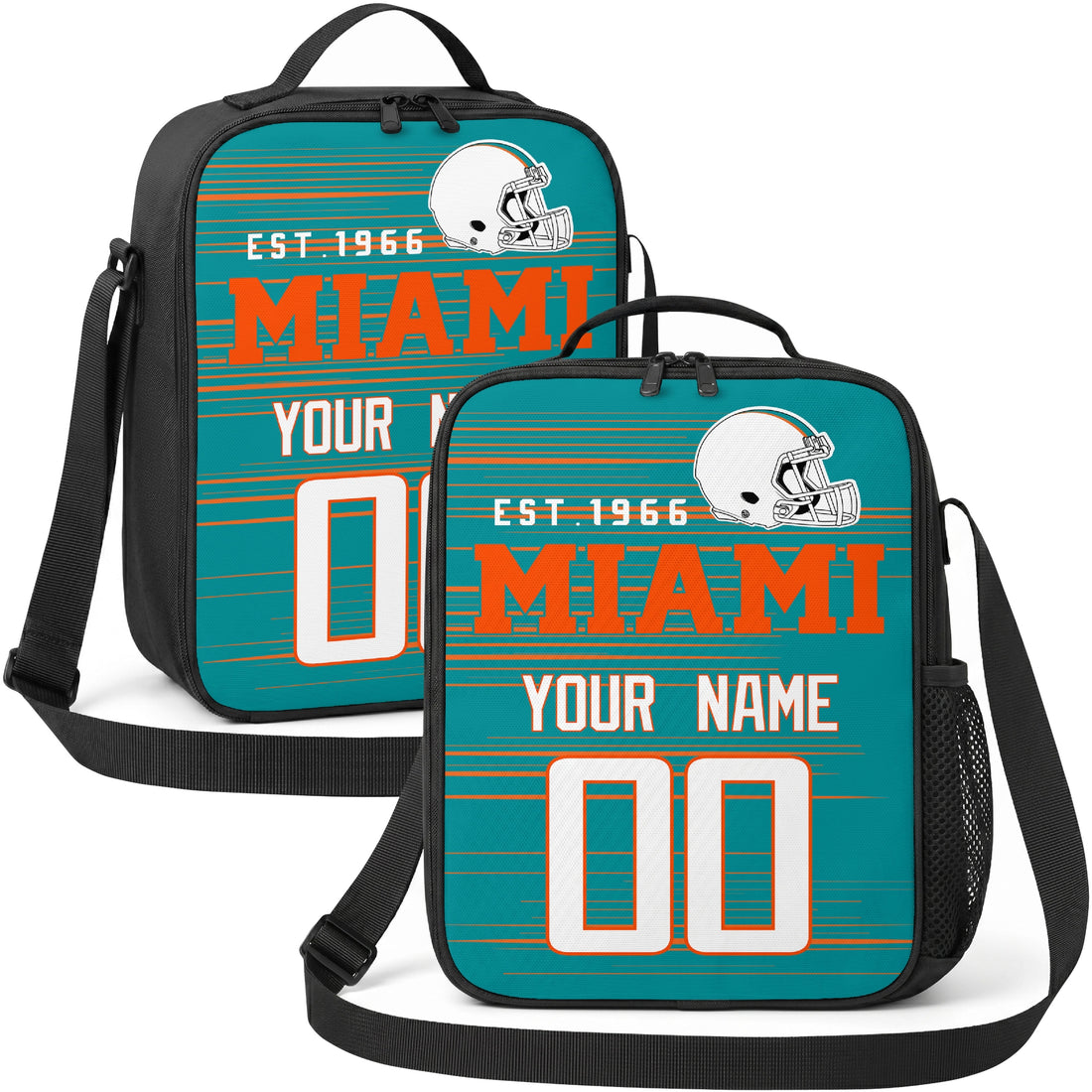 Miami personalized football shoulder bag in teal orange and white showing front and angled views with custom name and number