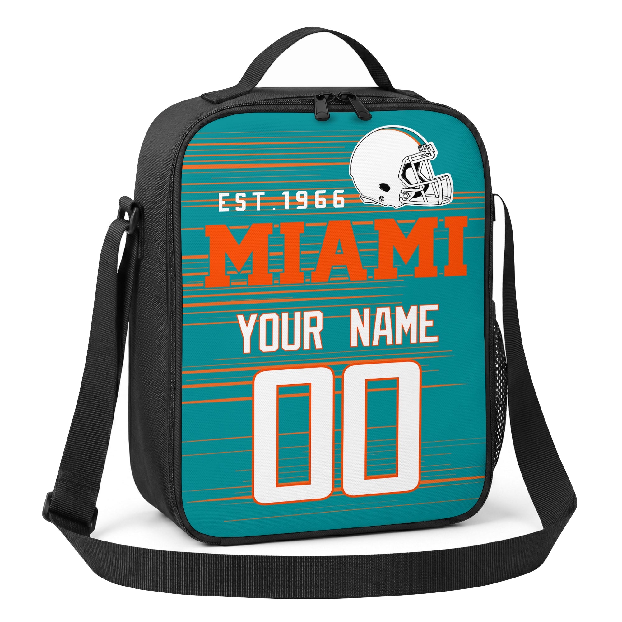 Miami teal orange and white personalized football shoulder bag angled view with top handle and shoulder strap