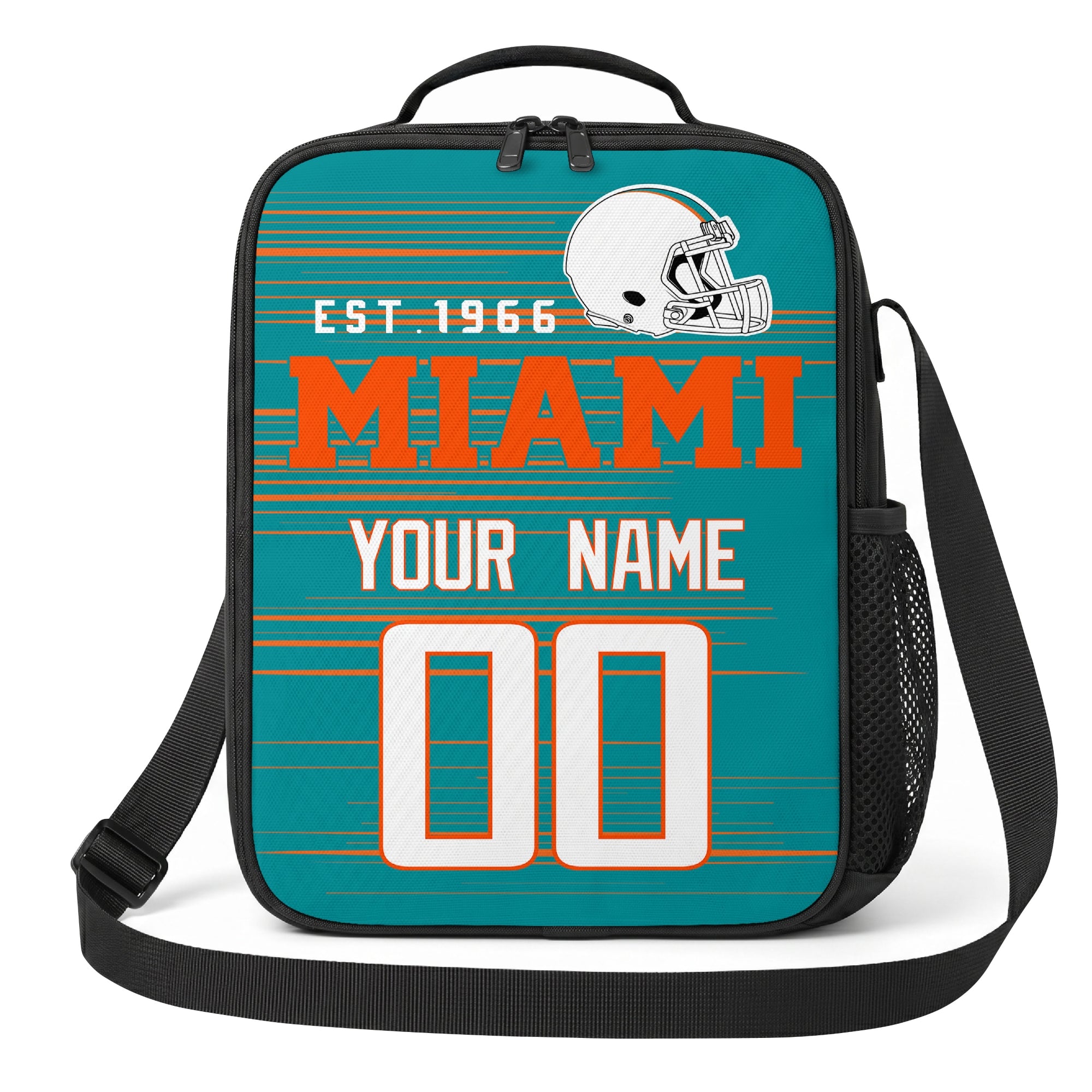 Miami teal orange and white personalized football shoulder bag alternate angled view with side mesh pocket and custom name number design