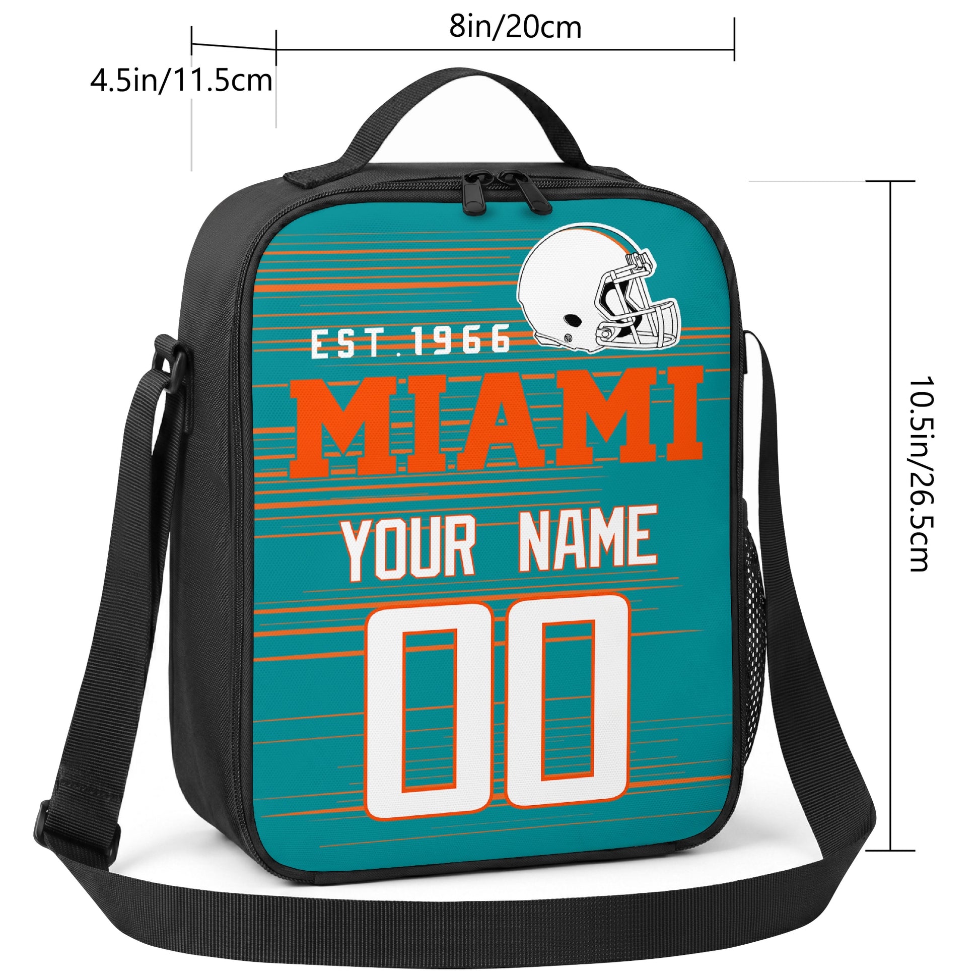 Miami personalized football shoulder bag size guide showing 8 inch width 4.5 inch depth and 10.5 inch height