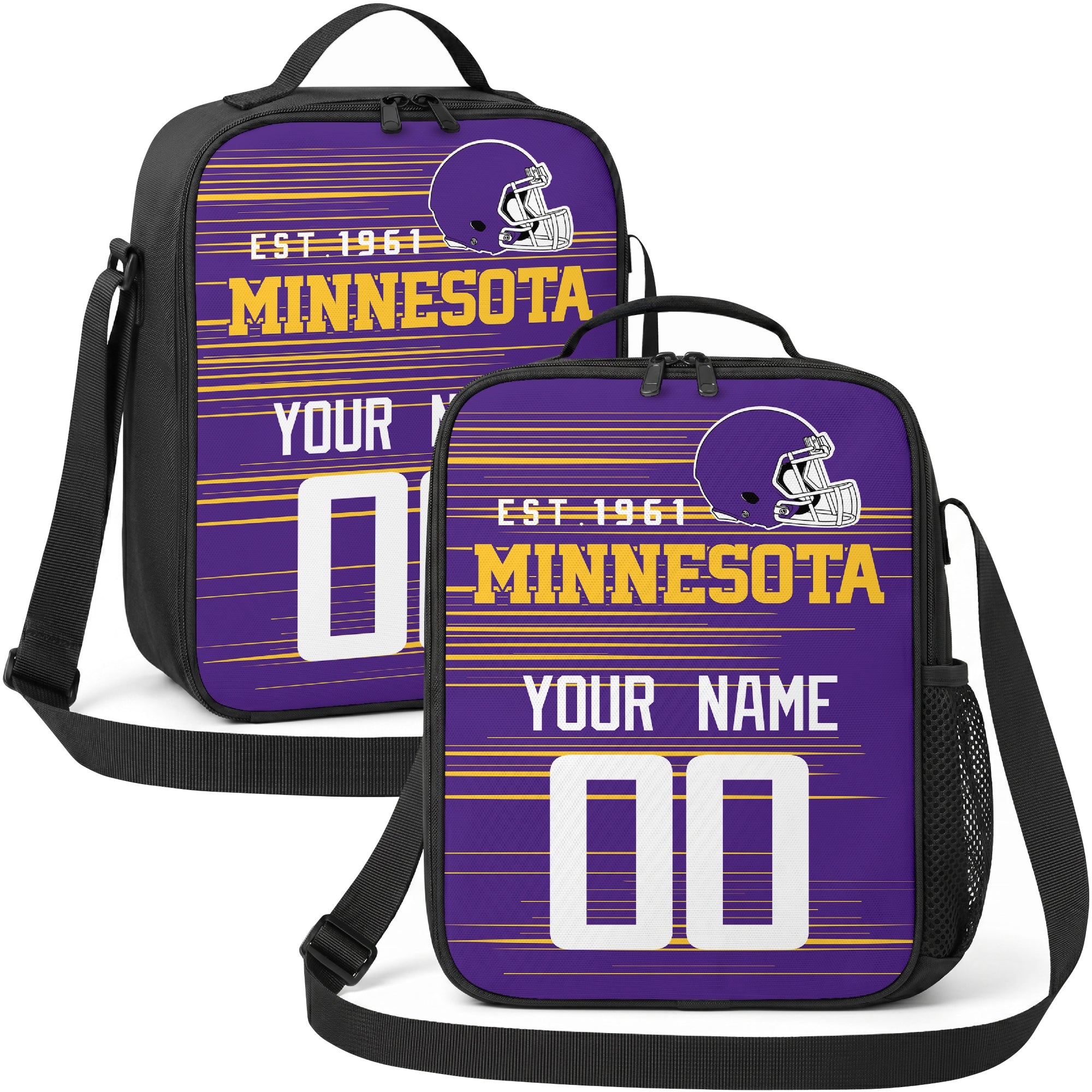 Minnesota personalized football shoulder bag in purple gold and white showing front and angled views with custom name and number
