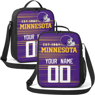 Minnesota personalized football shoulder bag in purple gold and white showing front and angled views with custom name and number