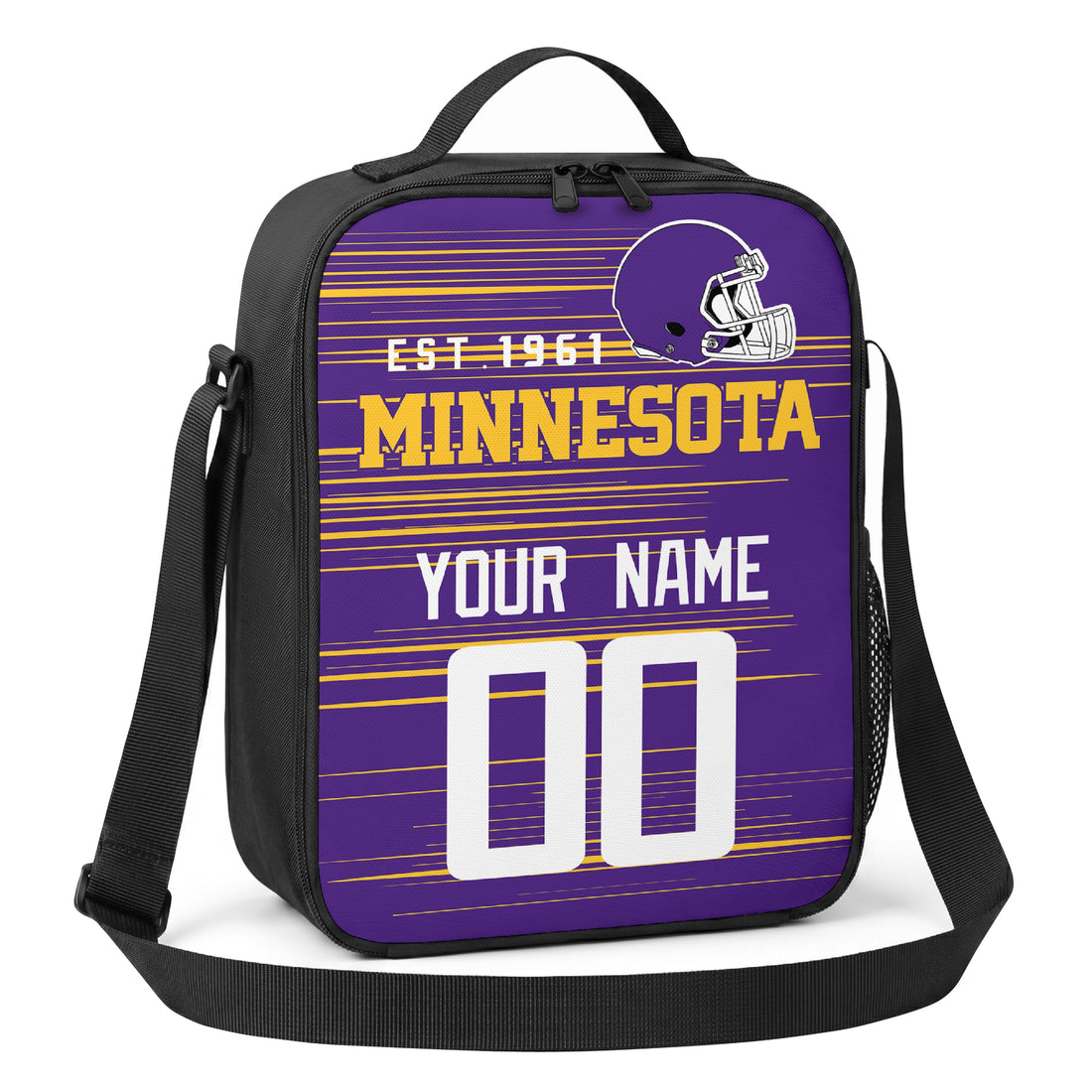 Minnesota personalized football shoulder bag in purple gold and white showing front and angled views with custom name and number