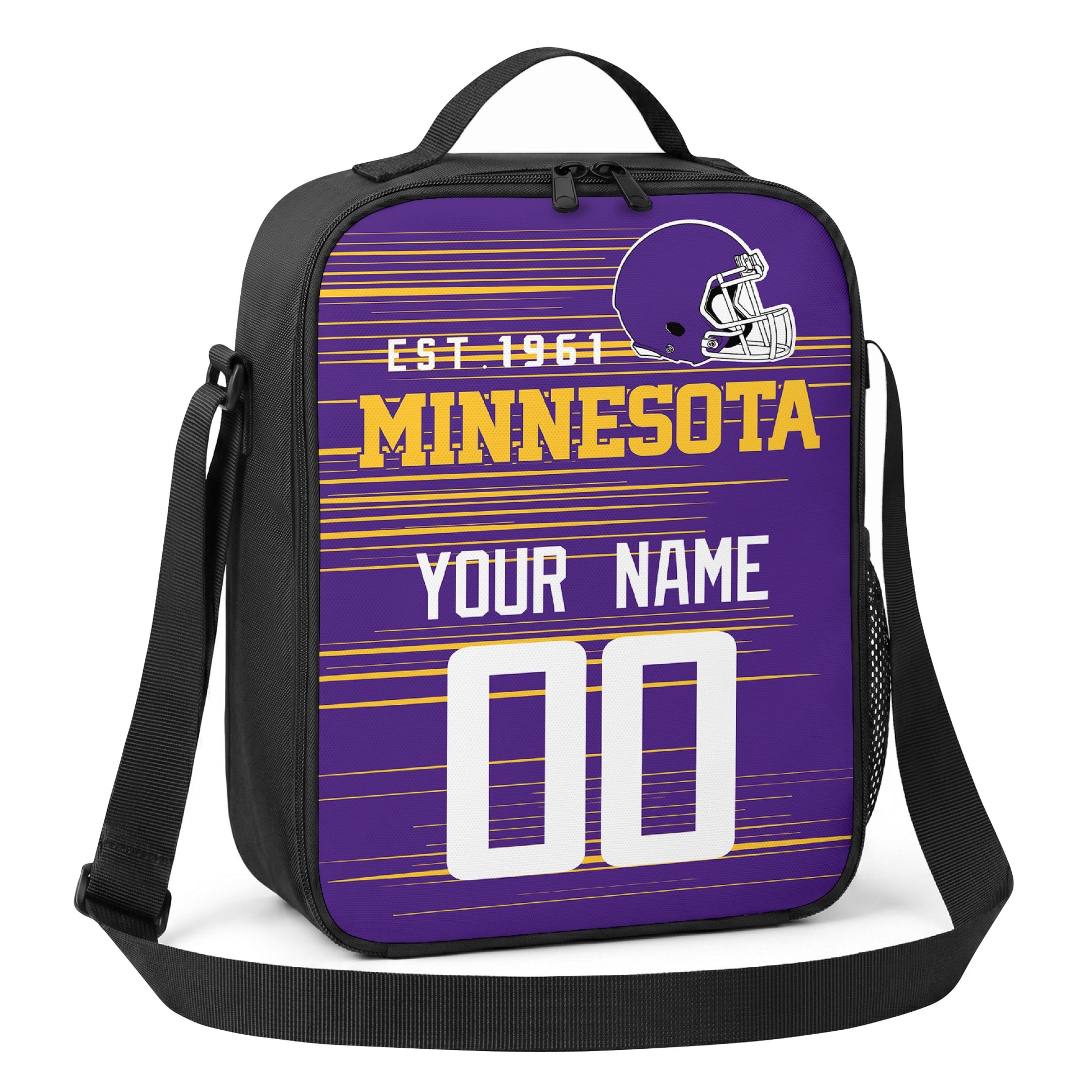 Minnesota purple gold and white personalized football shoulder bag angled view with top handle and shoulder strap