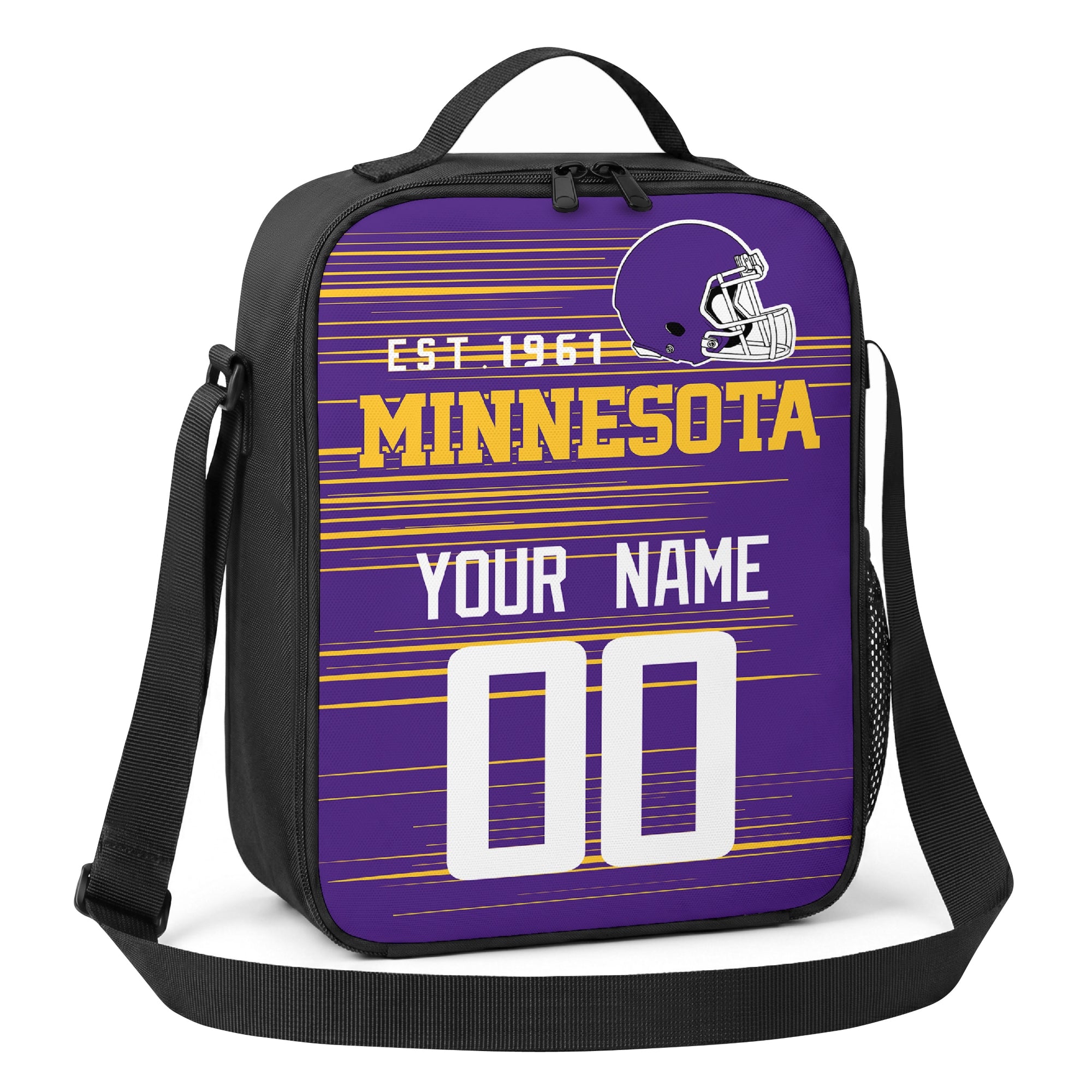 Minnesota purple gold and white personalized football shoulder bag angled view with top handle and shoulder strap
