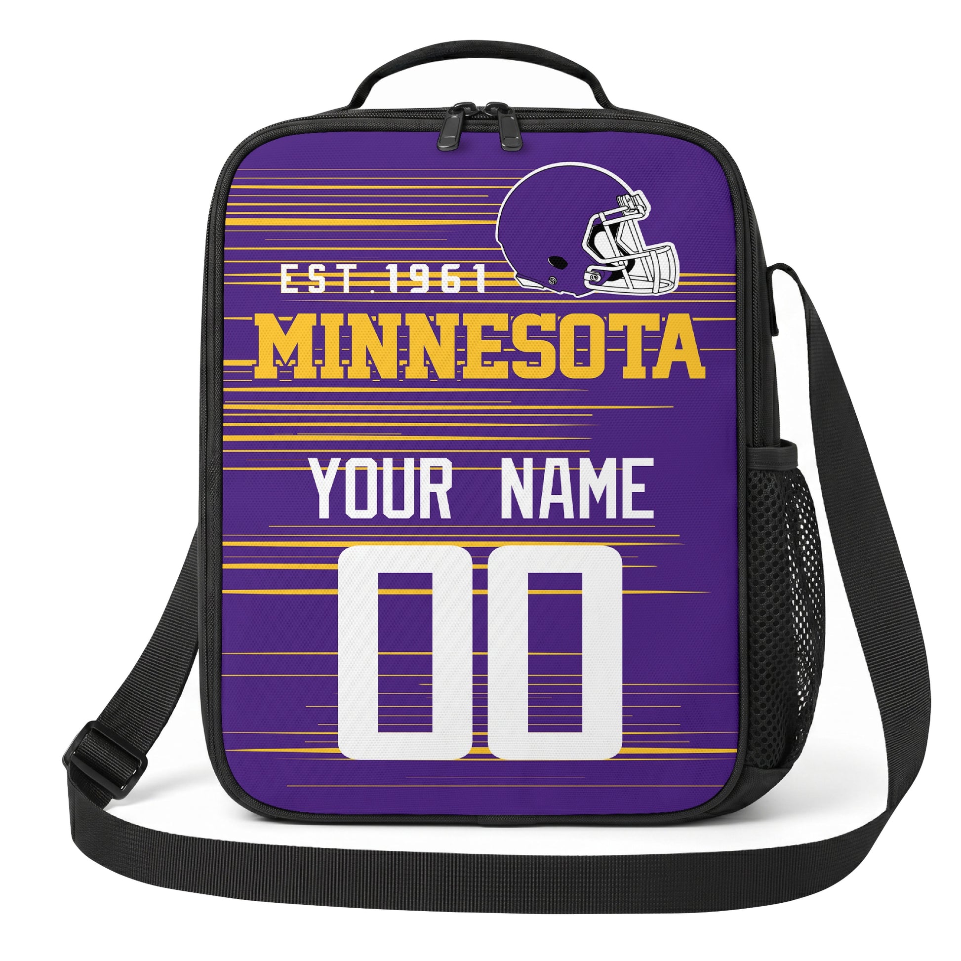 Minnesota purple gold and white personalized football shoulder bag alternate angled view with side mesh pocket and custom name number design