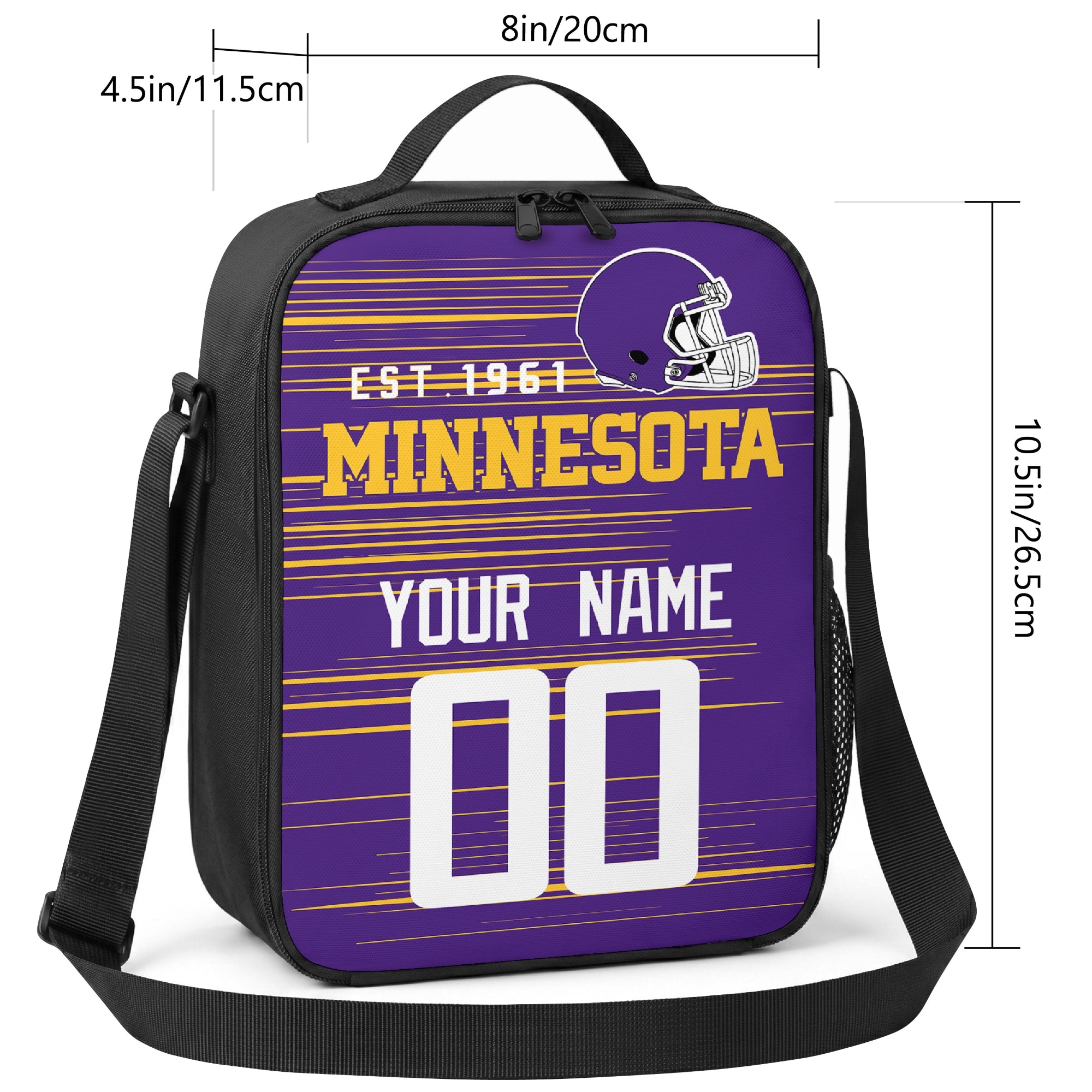 Minnesota personalized football shoulder bag size guide showing 8 inch width 4.5 inch depth and 10.5 inch height