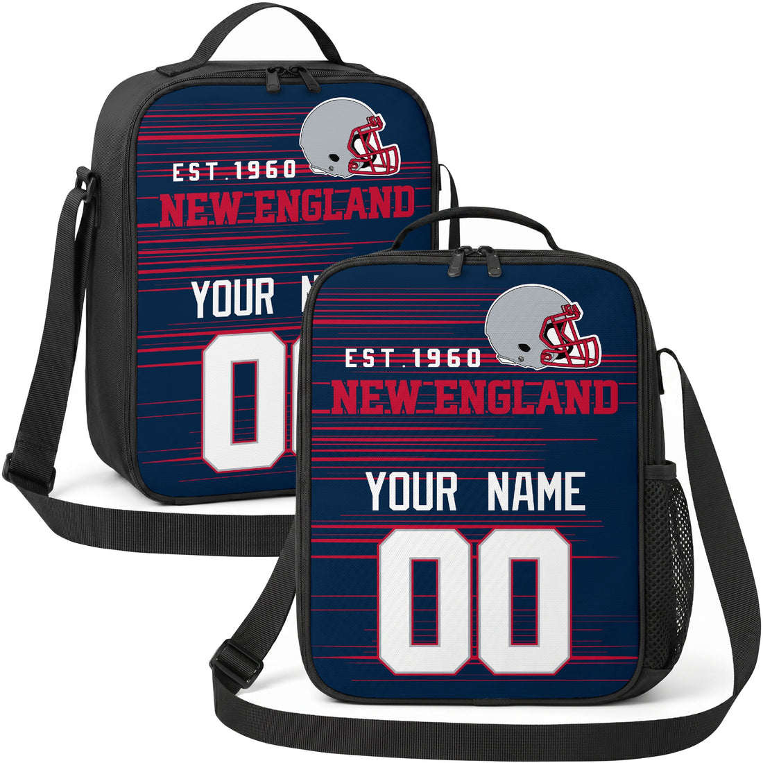 New England personalized football shoulder bag in navy red and silver showing front and angled views with custom name and number