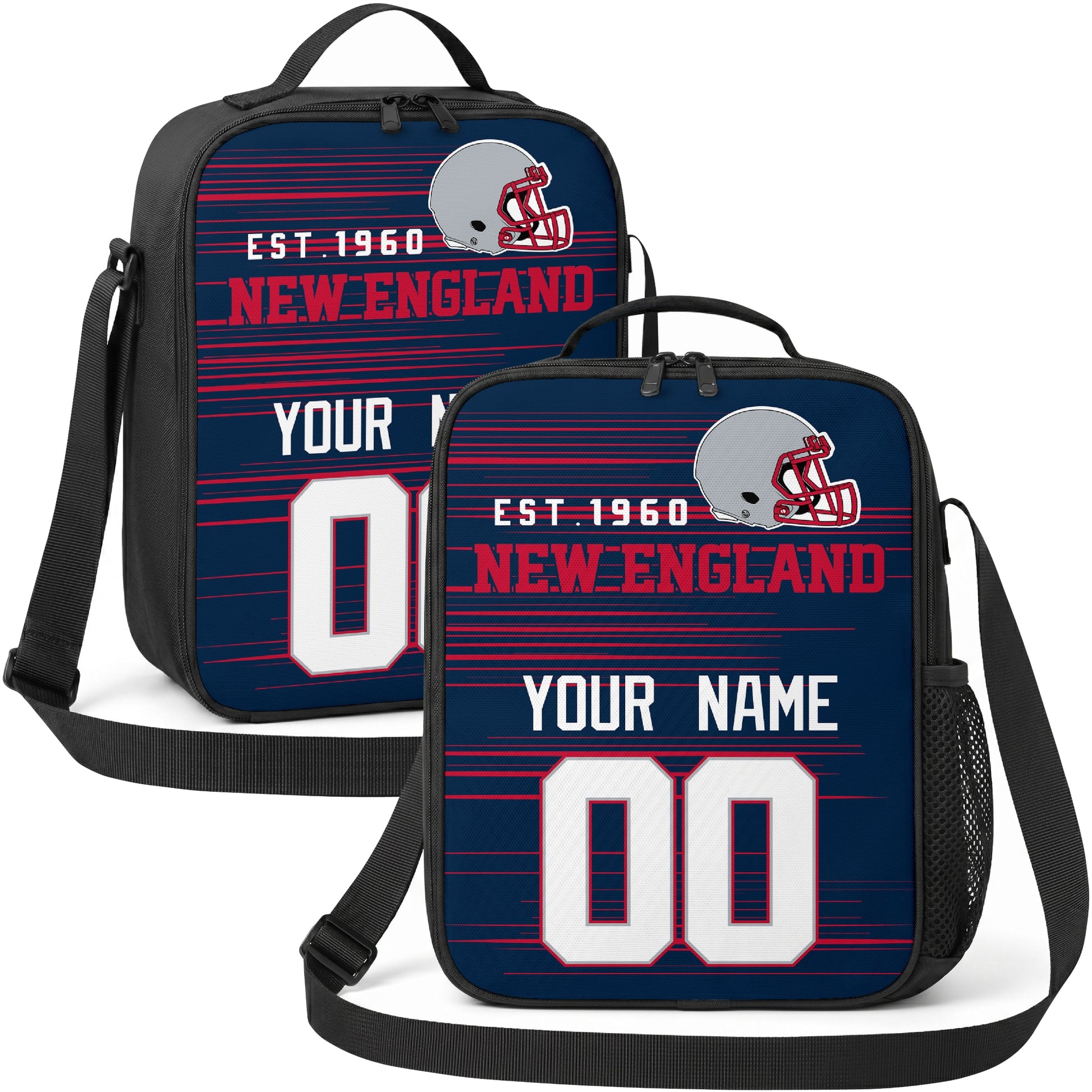 New England personalized football shoulder bag in navy red and silver showing front and angled views with custom name and number