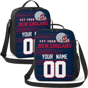 New England personalized football shoulder bag in navy red and silver showing front and angled views with custom name and number