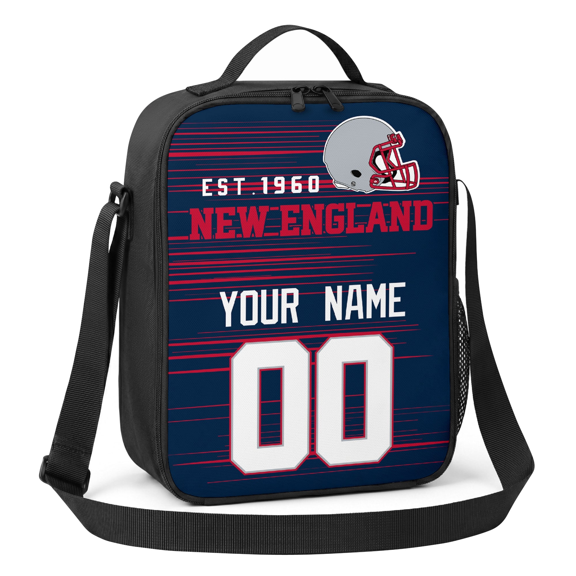 New England navy red and silver personalized football shoulder bag angled view with top handle and shoulder strap
