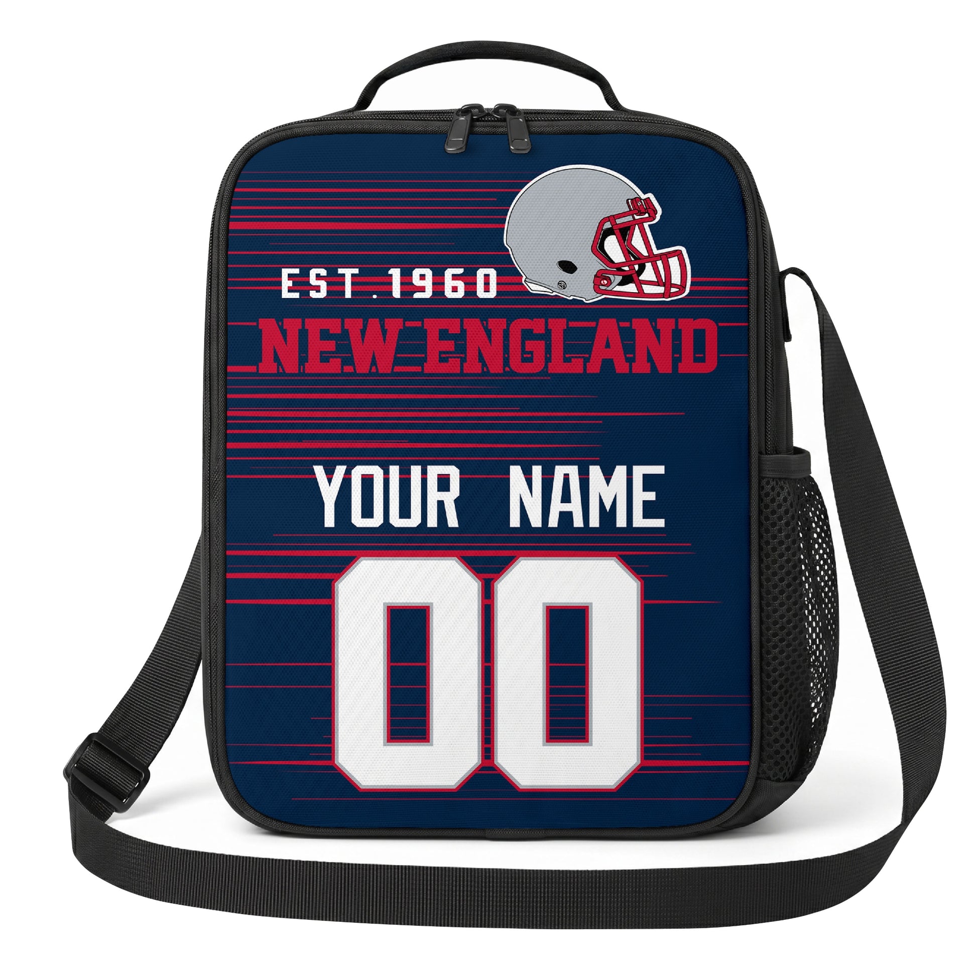 New England navy red and silver personalized football shoulder bag alternate angled view with side mesh pocket and custom name number design