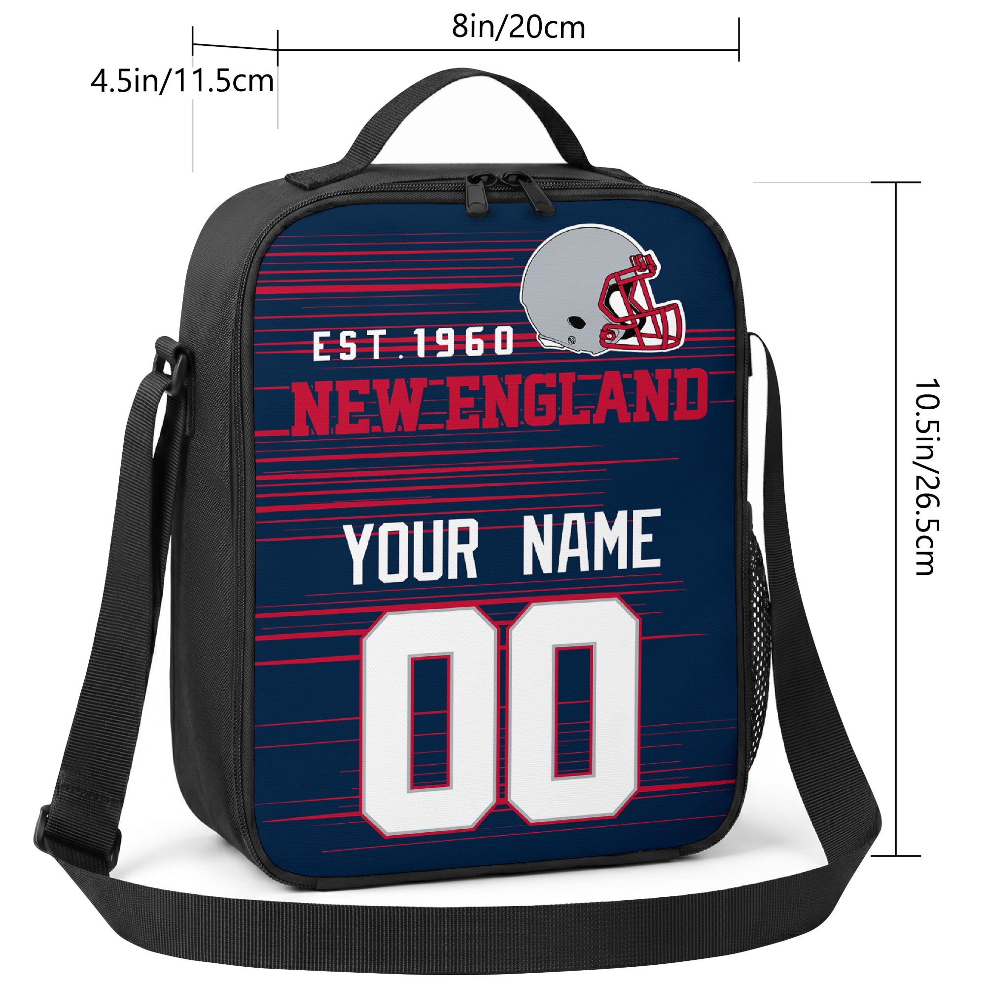 New England personalized football shoulder bag size guide showing 8 inch width 4.5 inch depth and 10.5 inch height