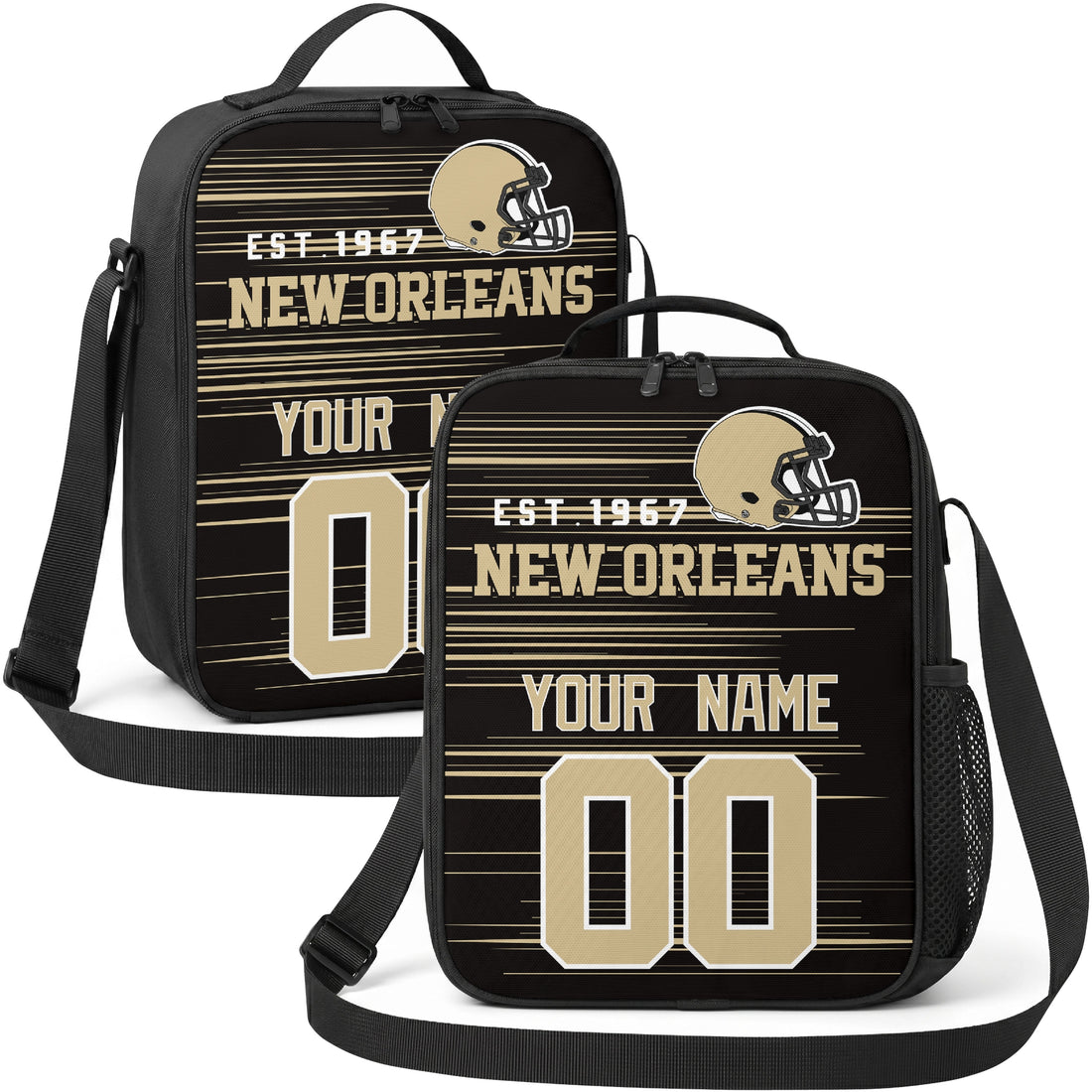 New Orleans personalized football shoulder bag in black gold and cream showing front and angled views with custom name and number
