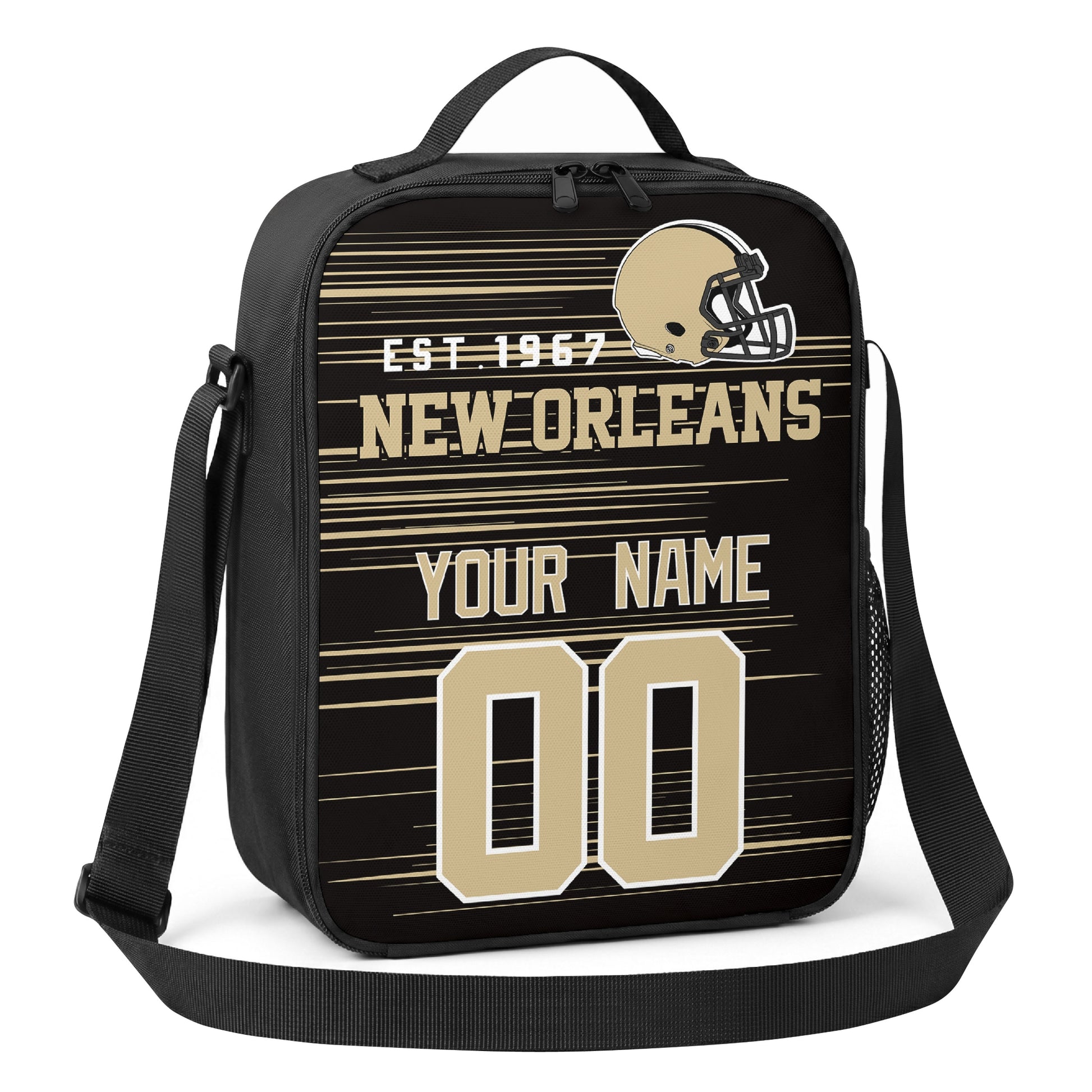 New Orleans black gold and cream personalized football shoulder bag angled view with top handle and shoulder strap