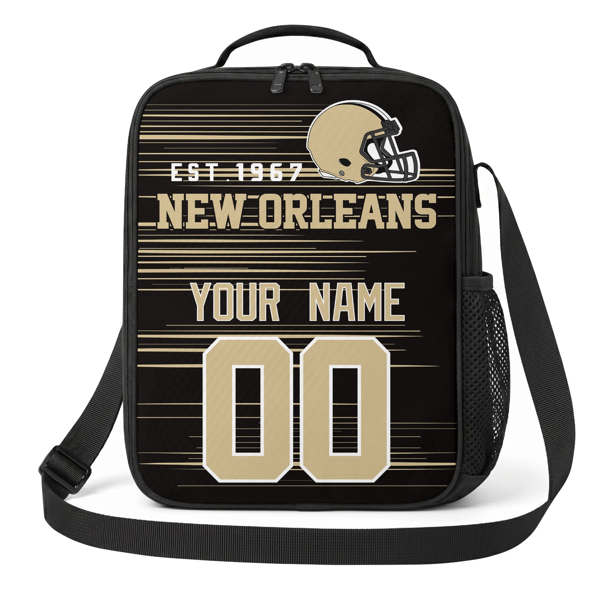 New Orleans black gold and cream personalized football shoulder bag alternate angled view with side mesh pocket and custom name number design