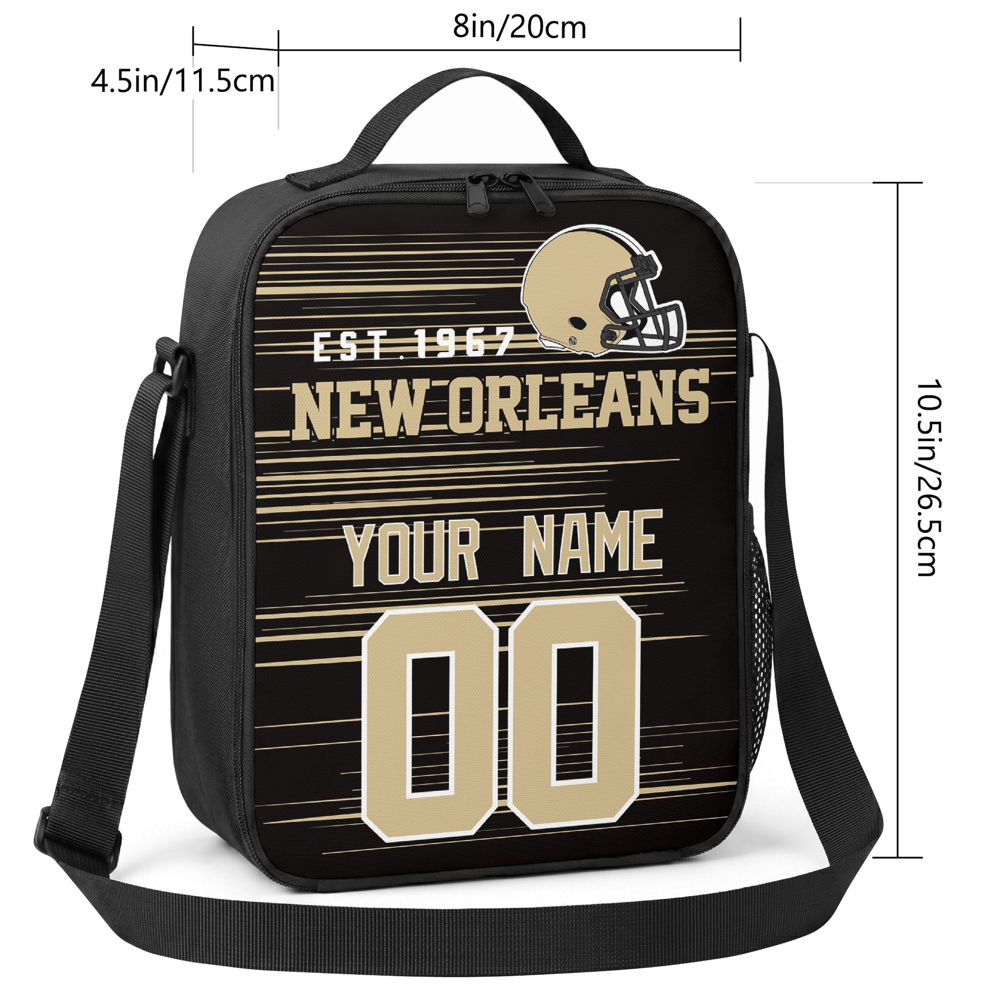 New Orleans personalized football shoulder bag size guide showing 8 inch width 4.5 inch depth and 10.5 inch height
