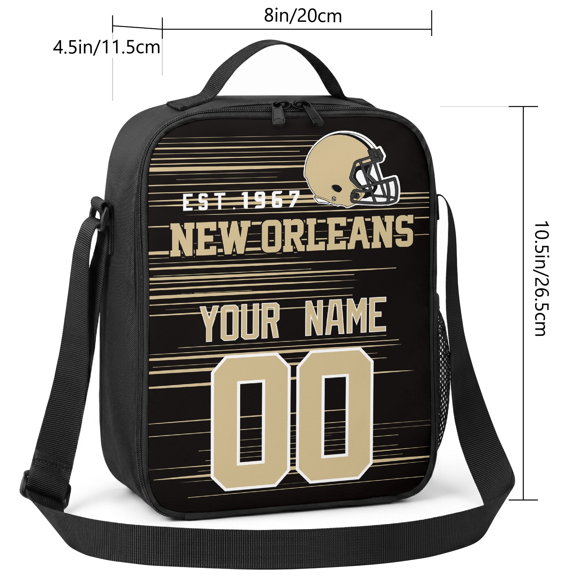 New Orleans personalized football shoulder bag size guide showing 8 inch width 4.5 inch depth and 10.5 inch height