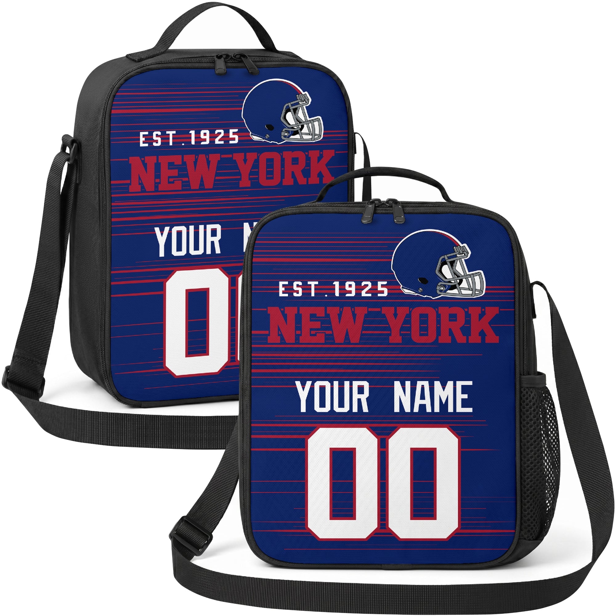 New York personalized football shoulder bag in blue red and white showing front and angled views with custom name and number