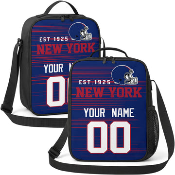 New York personalized football shoulder bag in blue red and white showing front and angled views with custom name and number