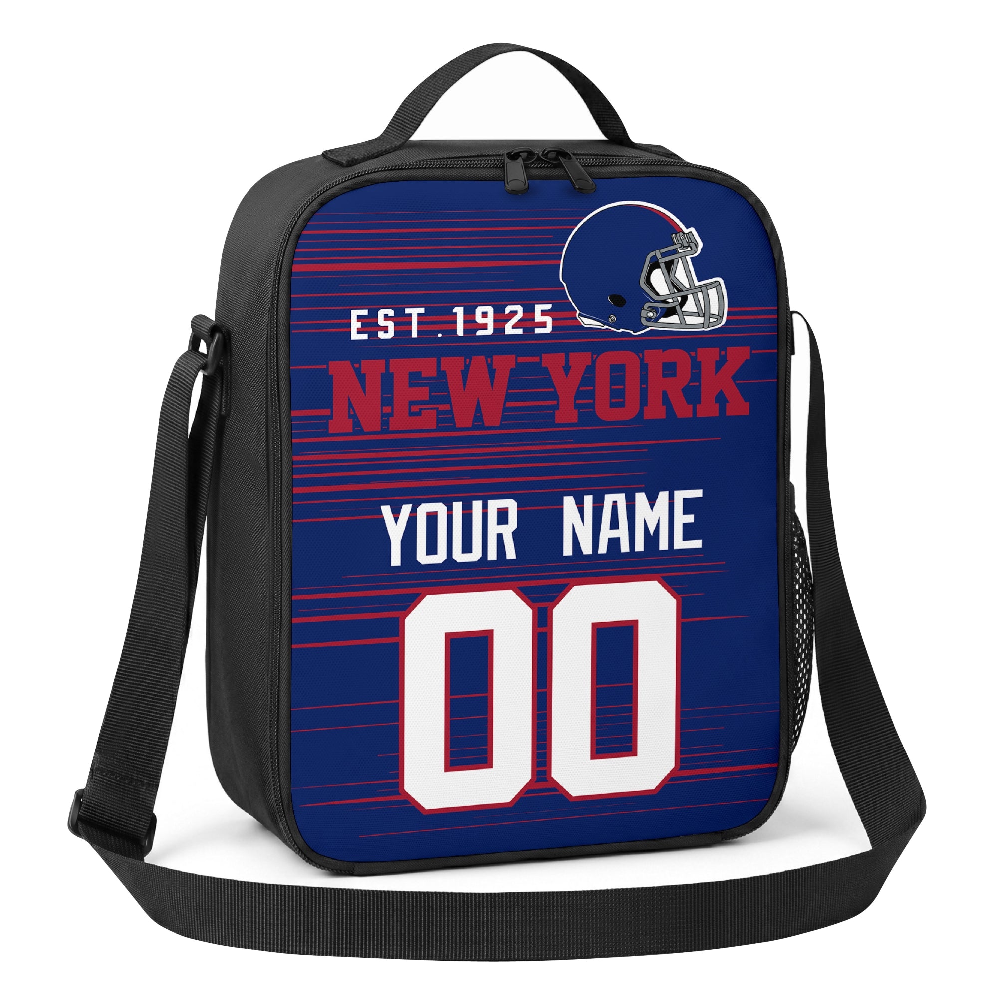 New York blue red and white personalized football shoulder bag angled view with top handle and shoulder strap