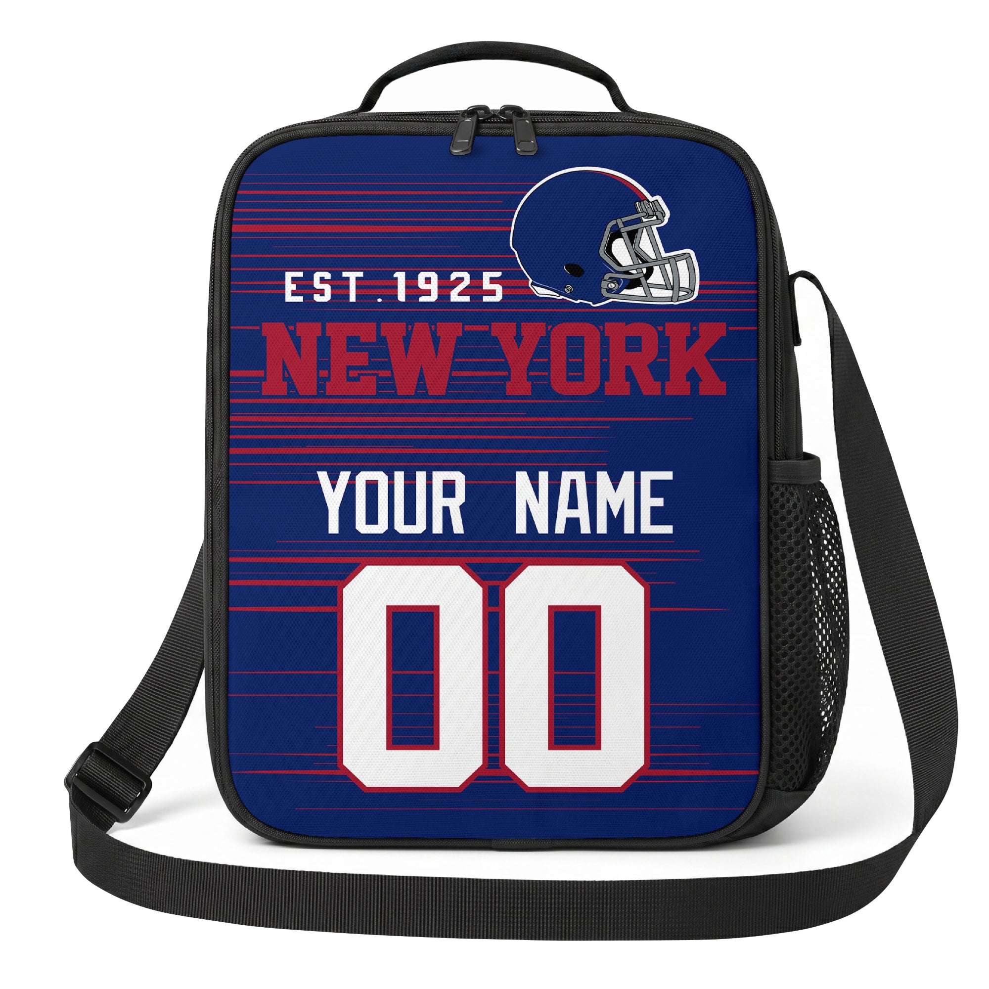 New York blue red and white personalized football shoulder bag alternate angled view with side mesh pocket and custom name number design