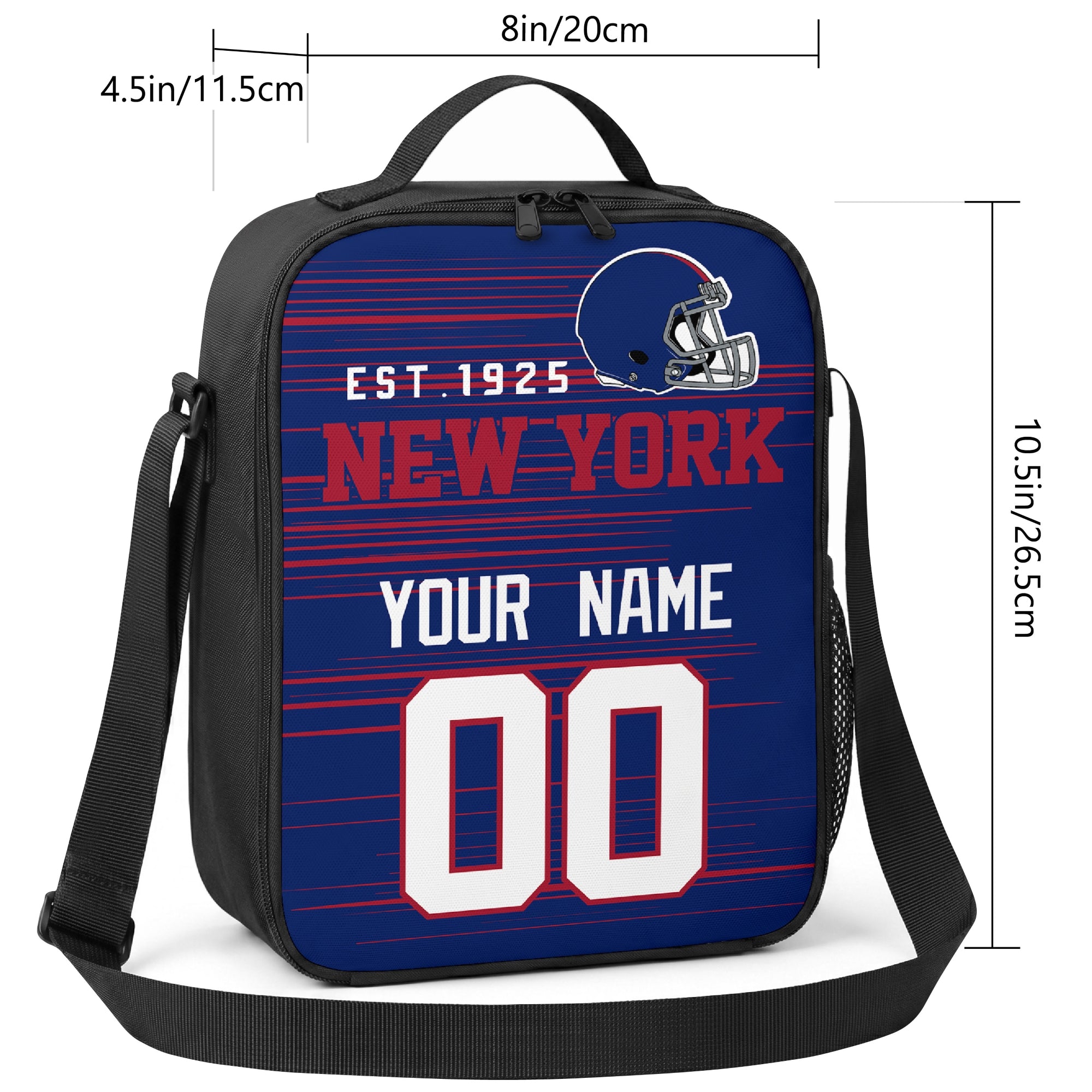 New York personalized football shoulder bag size guide showing 8 inch width 4.5 inch depth and 10.5 inch height
